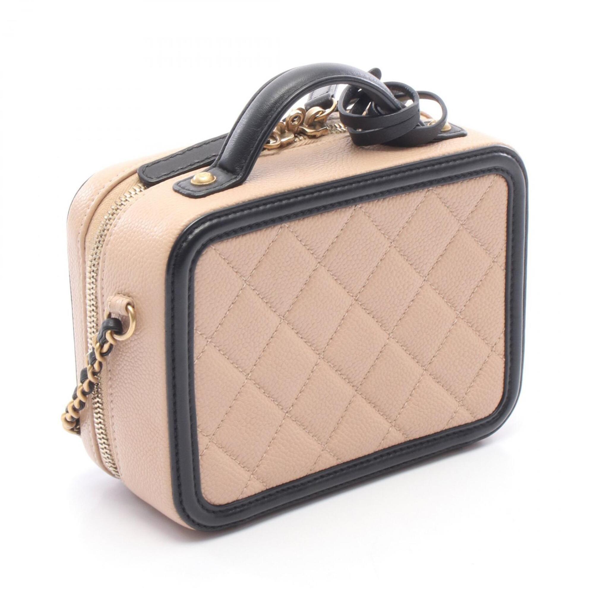Chanel Beige Black Leather Handbag Shoulder Bag Vanity Bag (Pre-Owned)