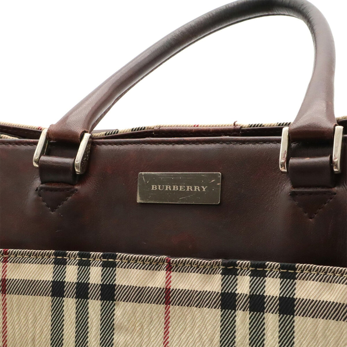 Burberry Beige Brown Bordeaux Brown Red Color Canvas Leather Handbag Tote Bag (Pre-Owned)
