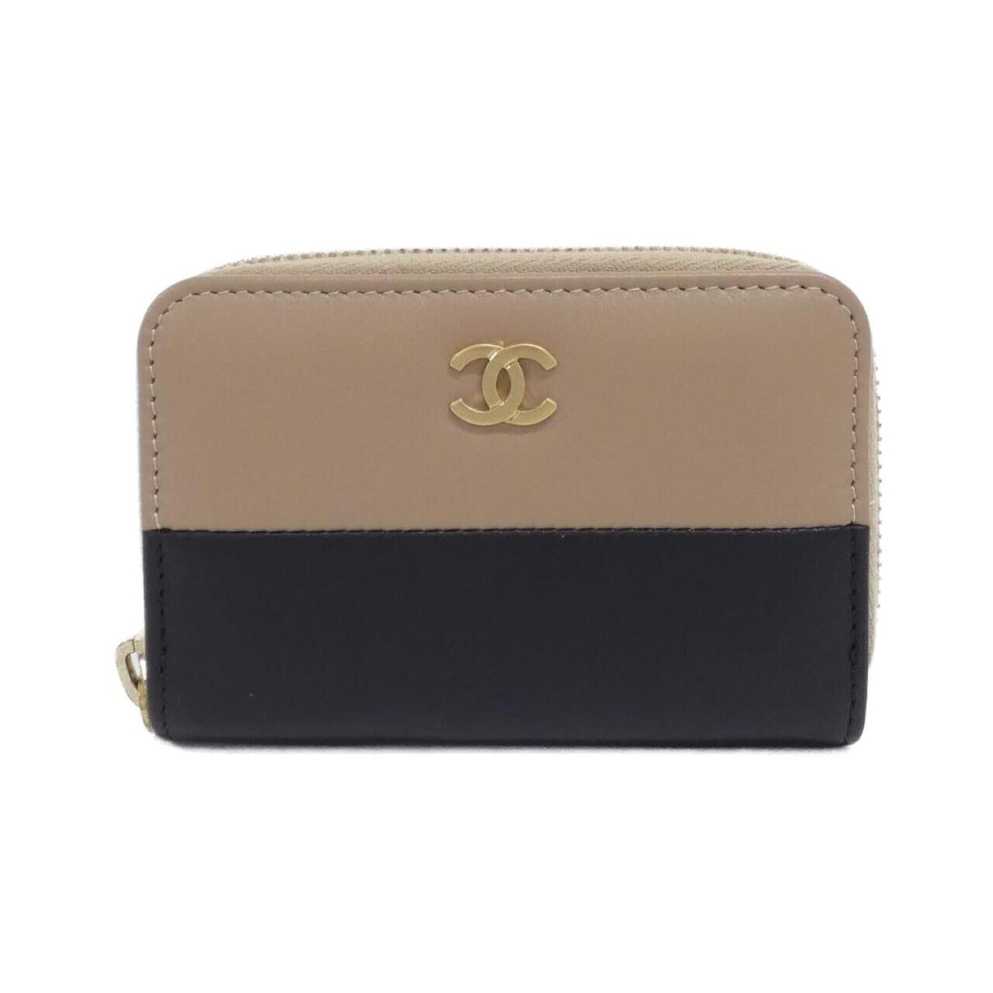 Chanel Beige Black Leather Coin Purse/Coin Case (Pre-Owned)