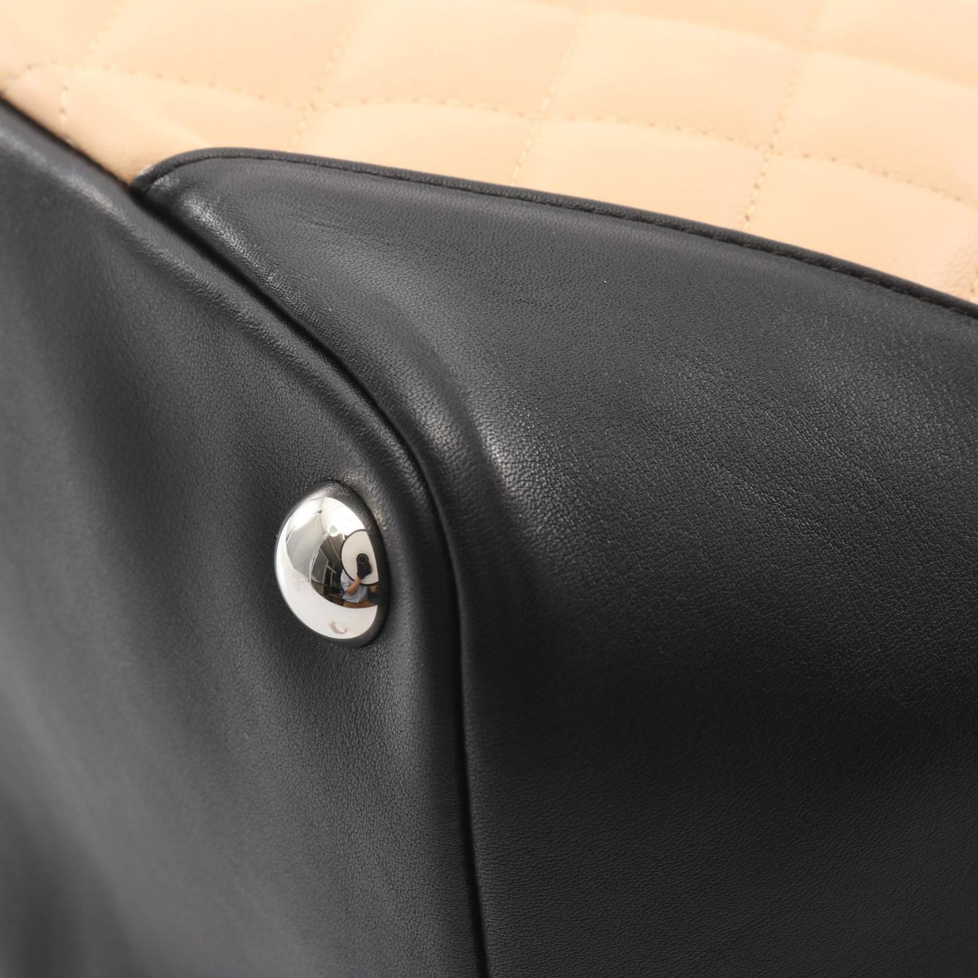 Chanel Beige Black Leather Handbag Tote Bag (Pre-Owned)