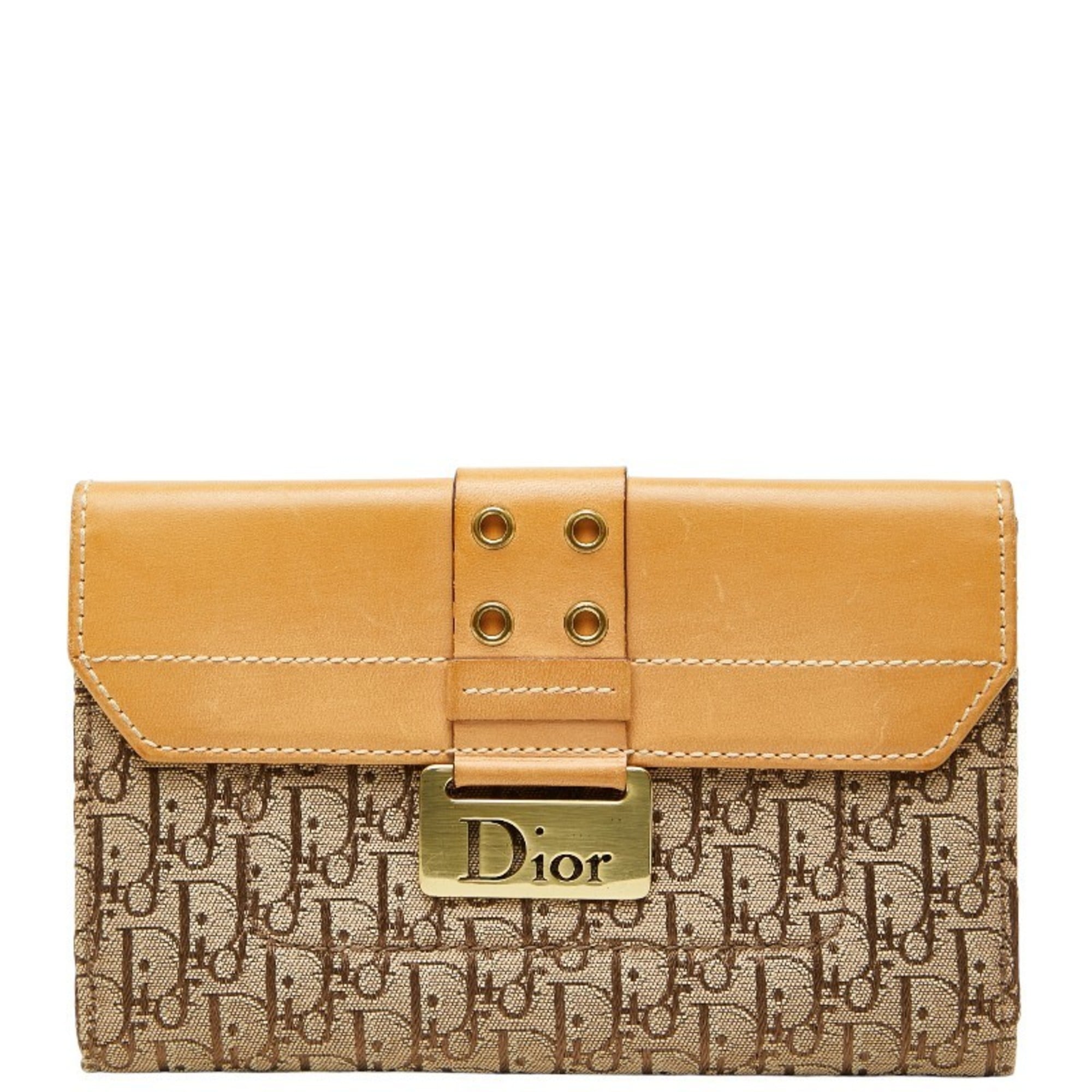 Christian Dior Beige Brown Canvas Leather Long Wallet (Bi-Fold) (Pre-Owned)