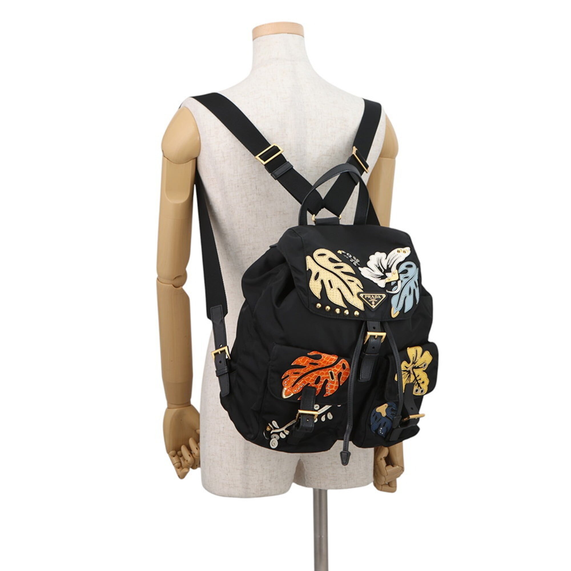 Prada Black Multi-Color Nylon Leather Backpack Handbag (Pre-Owned)