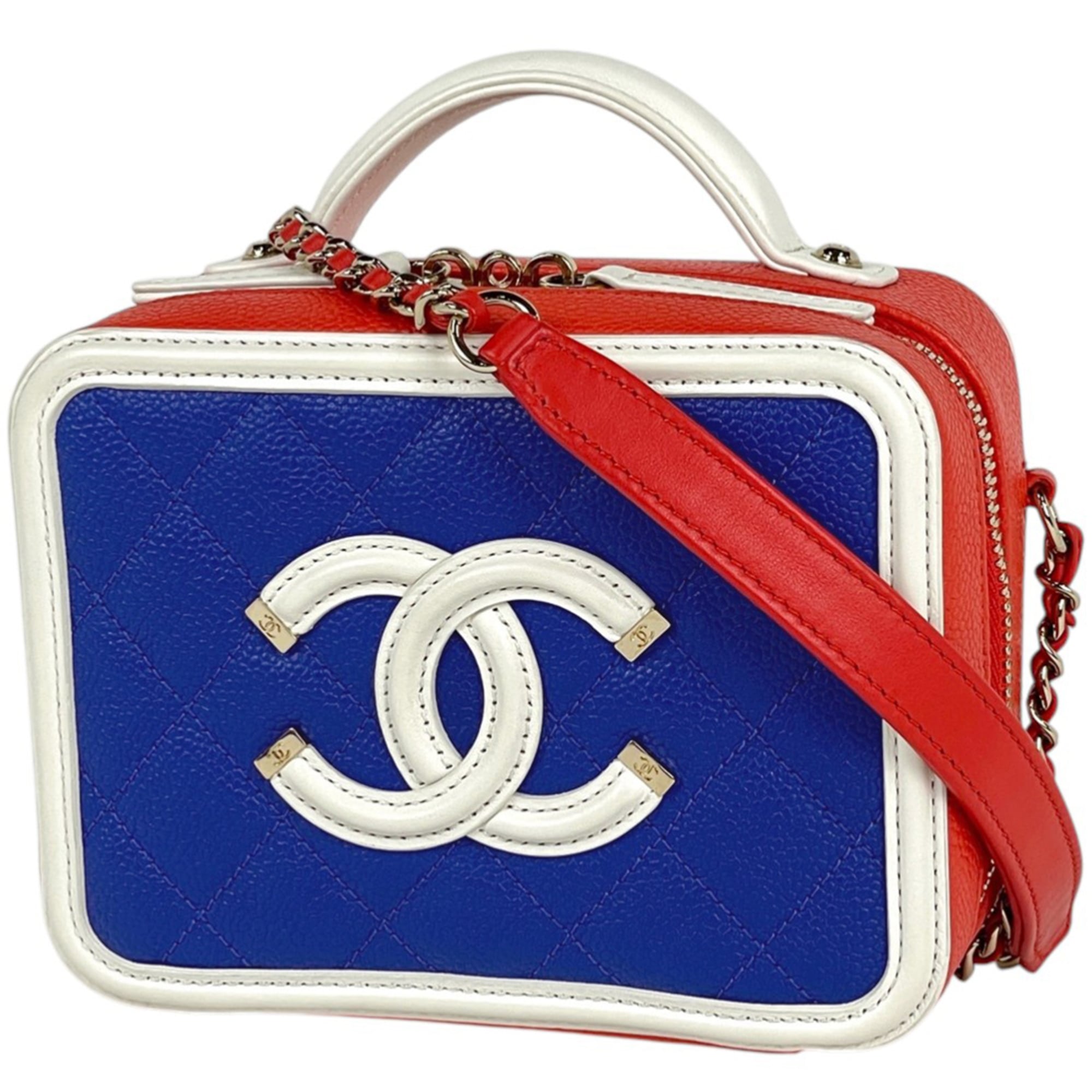 Chanel Matelasse Blue Red Color White Grained Calfskin Shoulder Bag Vanity Bag (Pre-Owned)