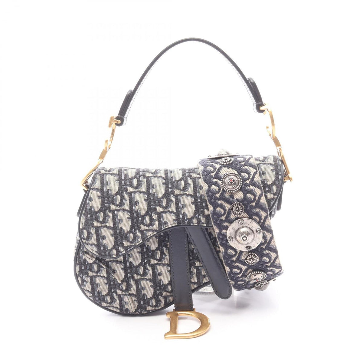 Christian Dior Beige Navy Canvas Leather Handbag Saddle Bag (Pre-Owned)