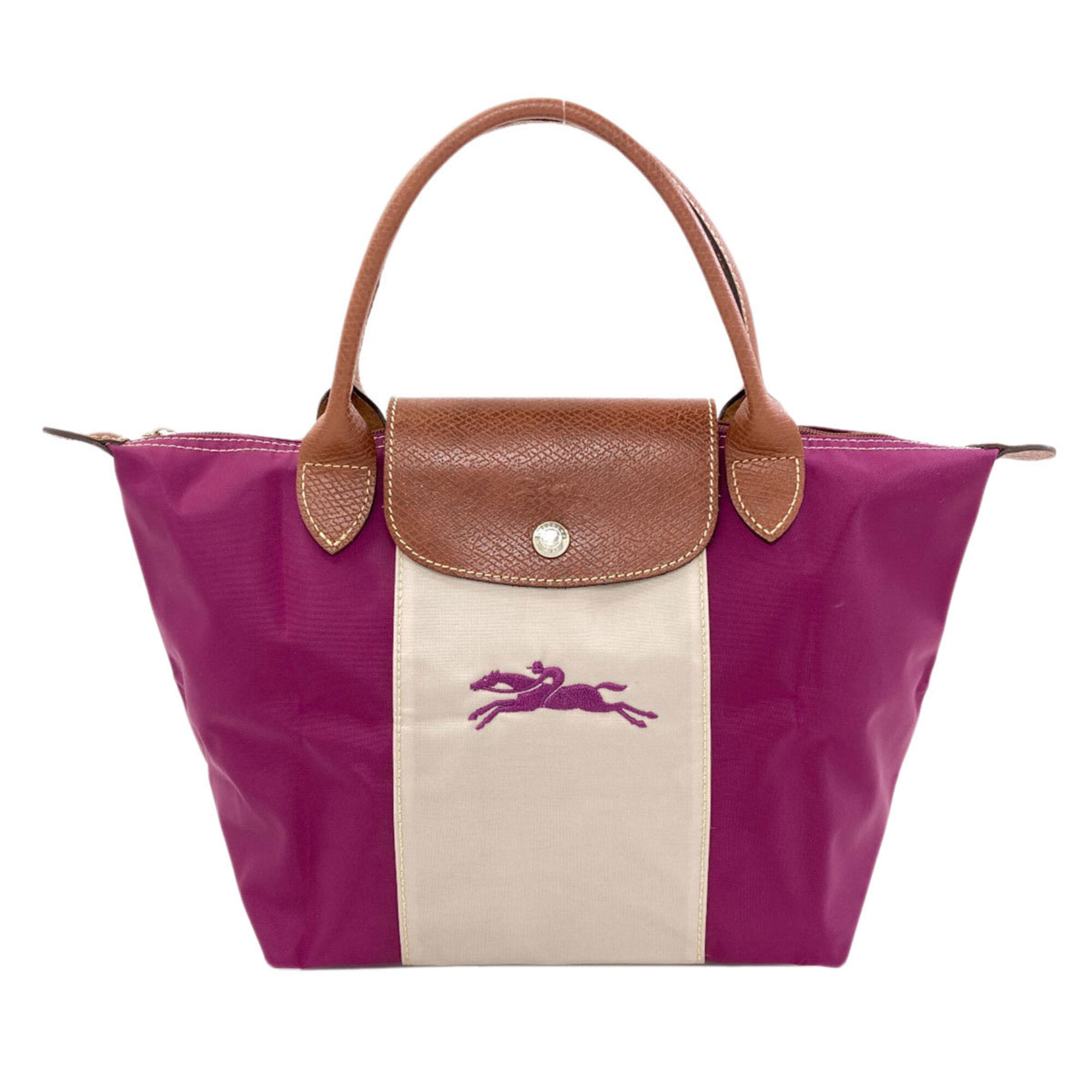 Longchamp Le Pliage Brown Light Gray Purple Nylon Handbag (Pre-Owned)