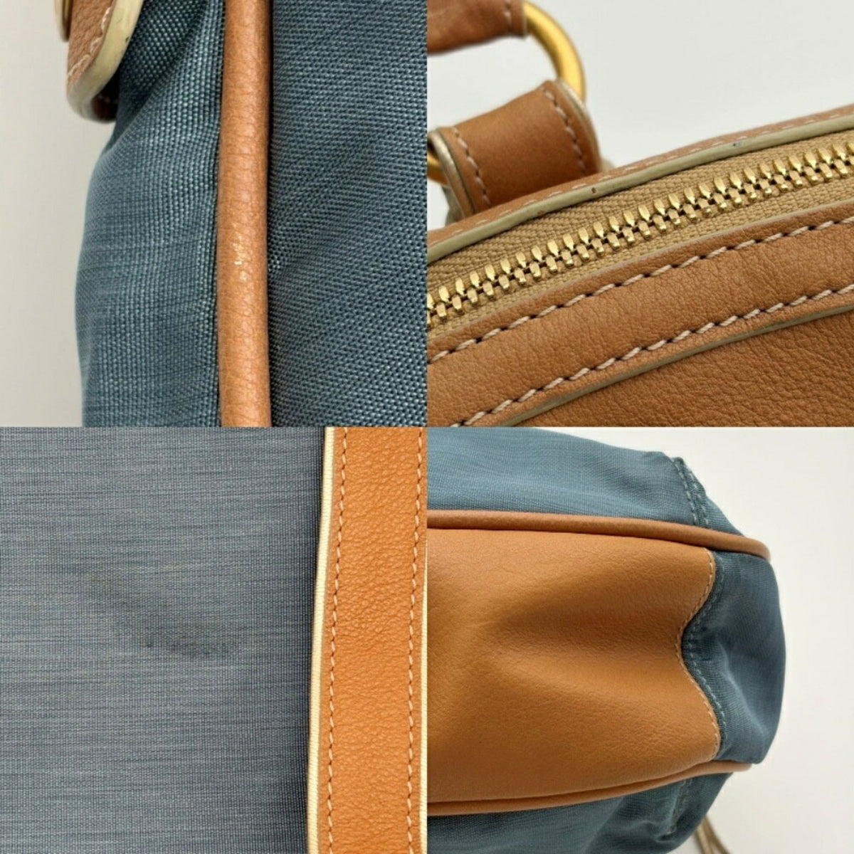 Loewe Beige Blue Nylon Leather Boston Bag Tote Bag (Pre-Owned)