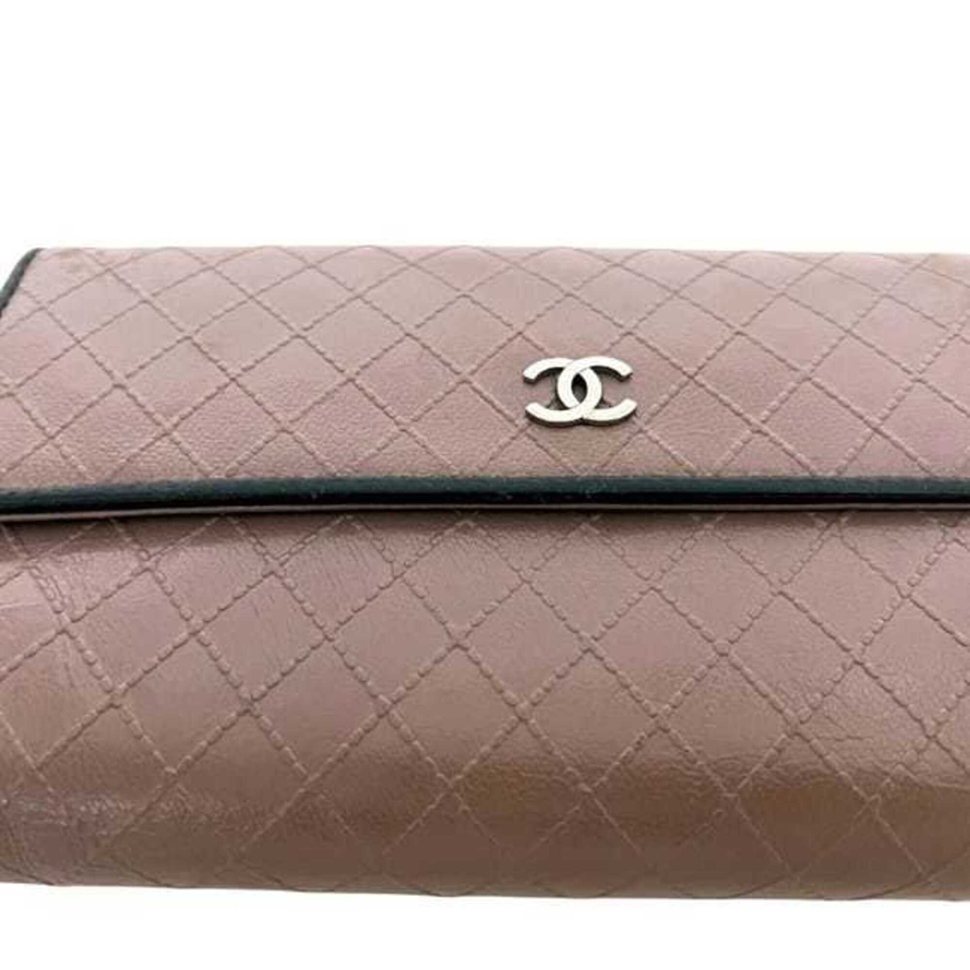 Chanel Black Pink Beige Leather Long Wallet (Tri-Fold) (Pre-Owned)