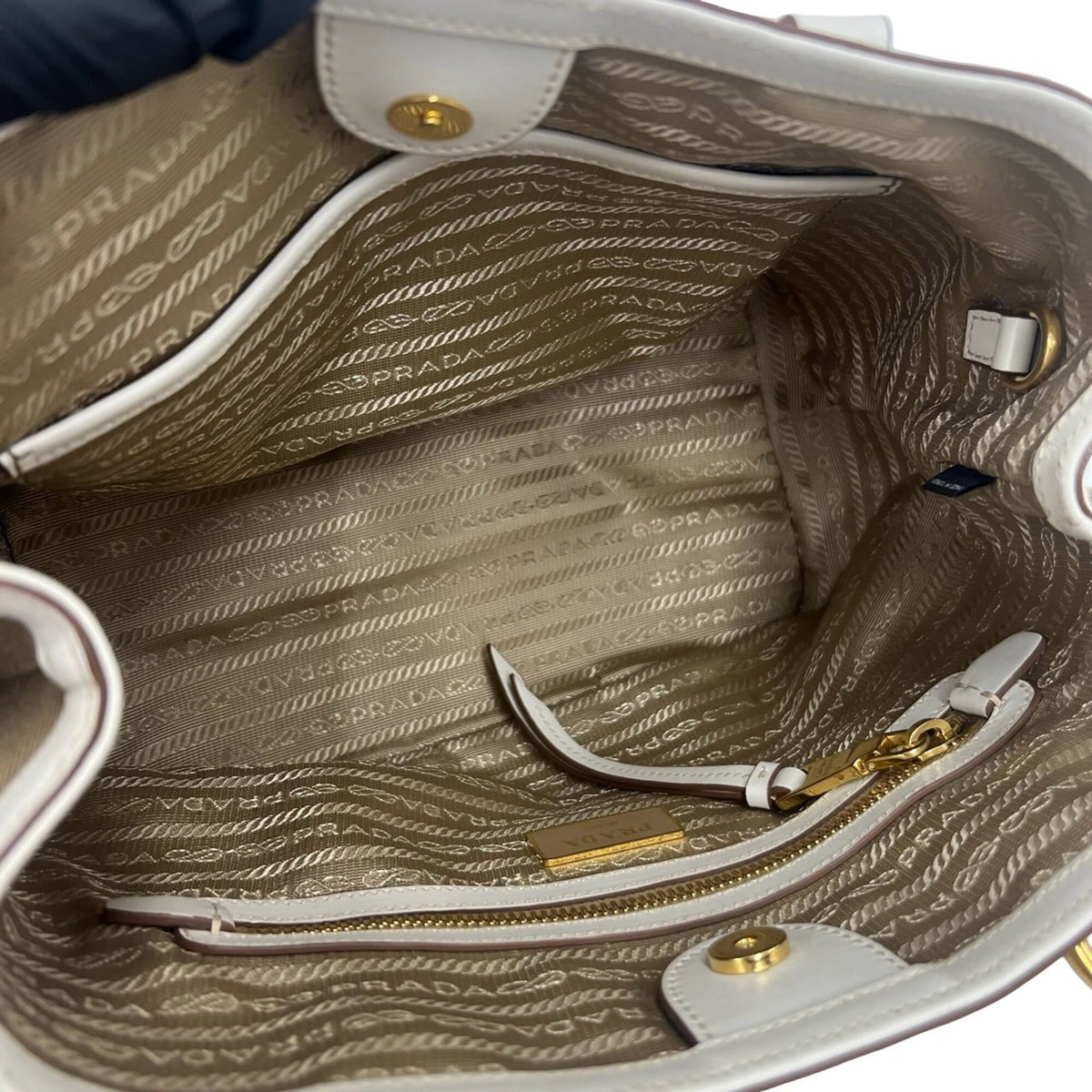 Prada Brown White Canvas Leather Boston Bag Handbag Tote Bag (Pre-Owned)
