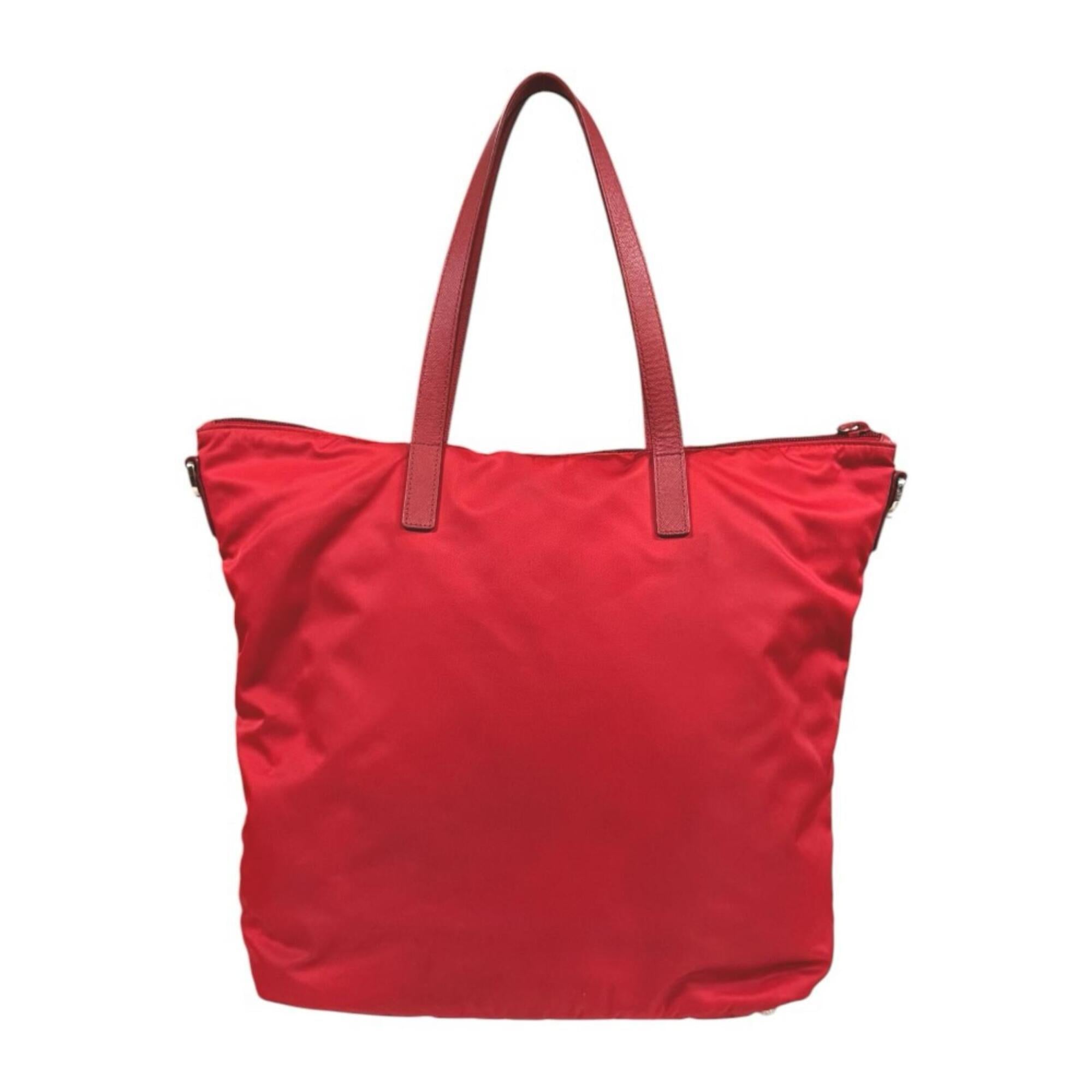 Prada Red Color Nylon Handbag Tote Bag (Pre-Owned)