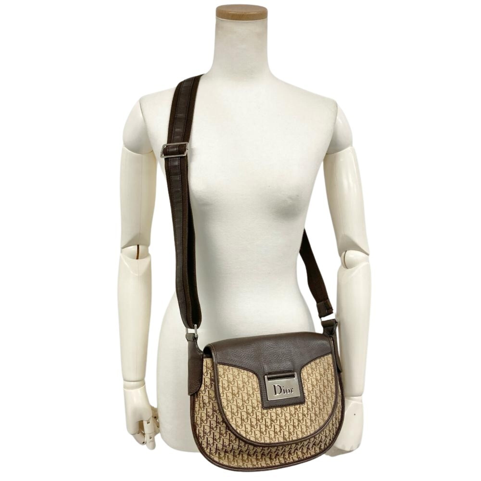Christian Dior Trotter Brown Jacquard Leather Shoulder Bag (Pre-Owned)