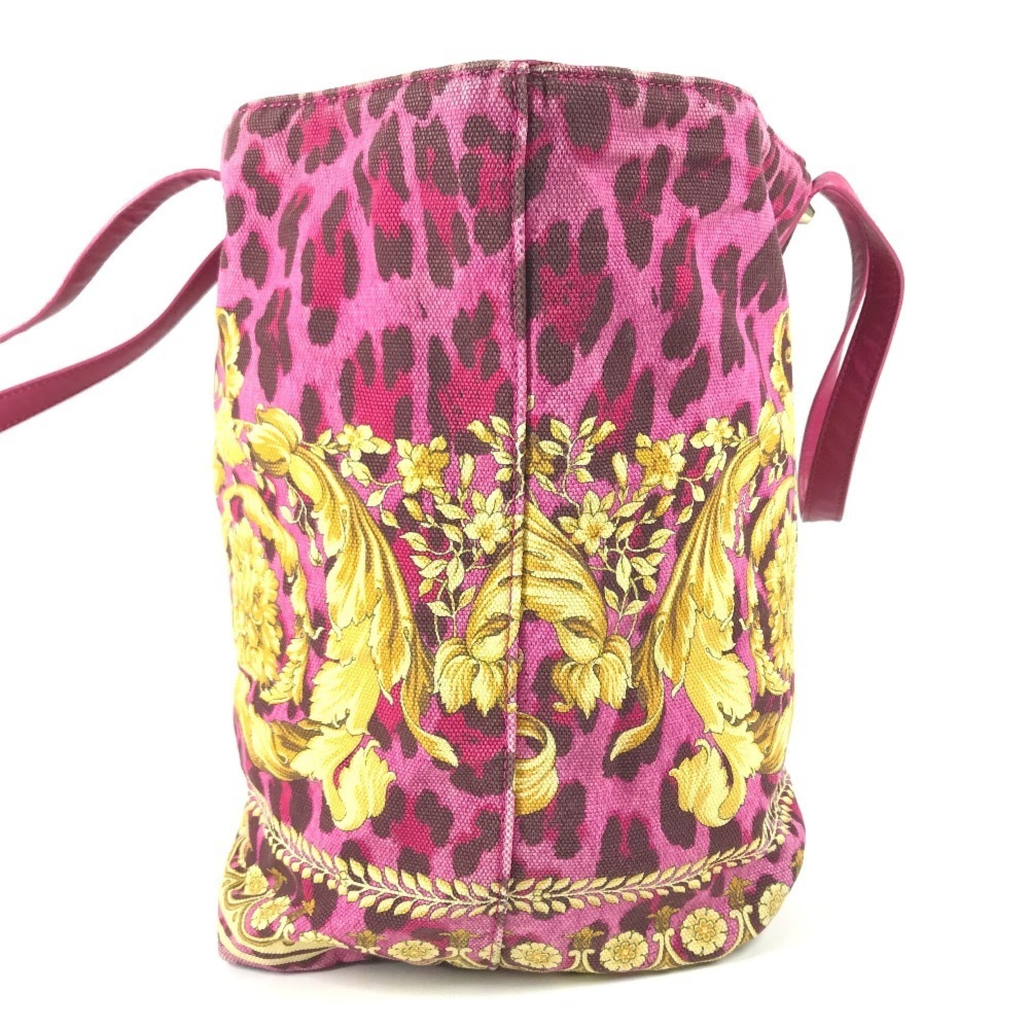 Versace Pink Yellow Leather Canvas Shoulder Bag Tote Bag (Pre-Owned)