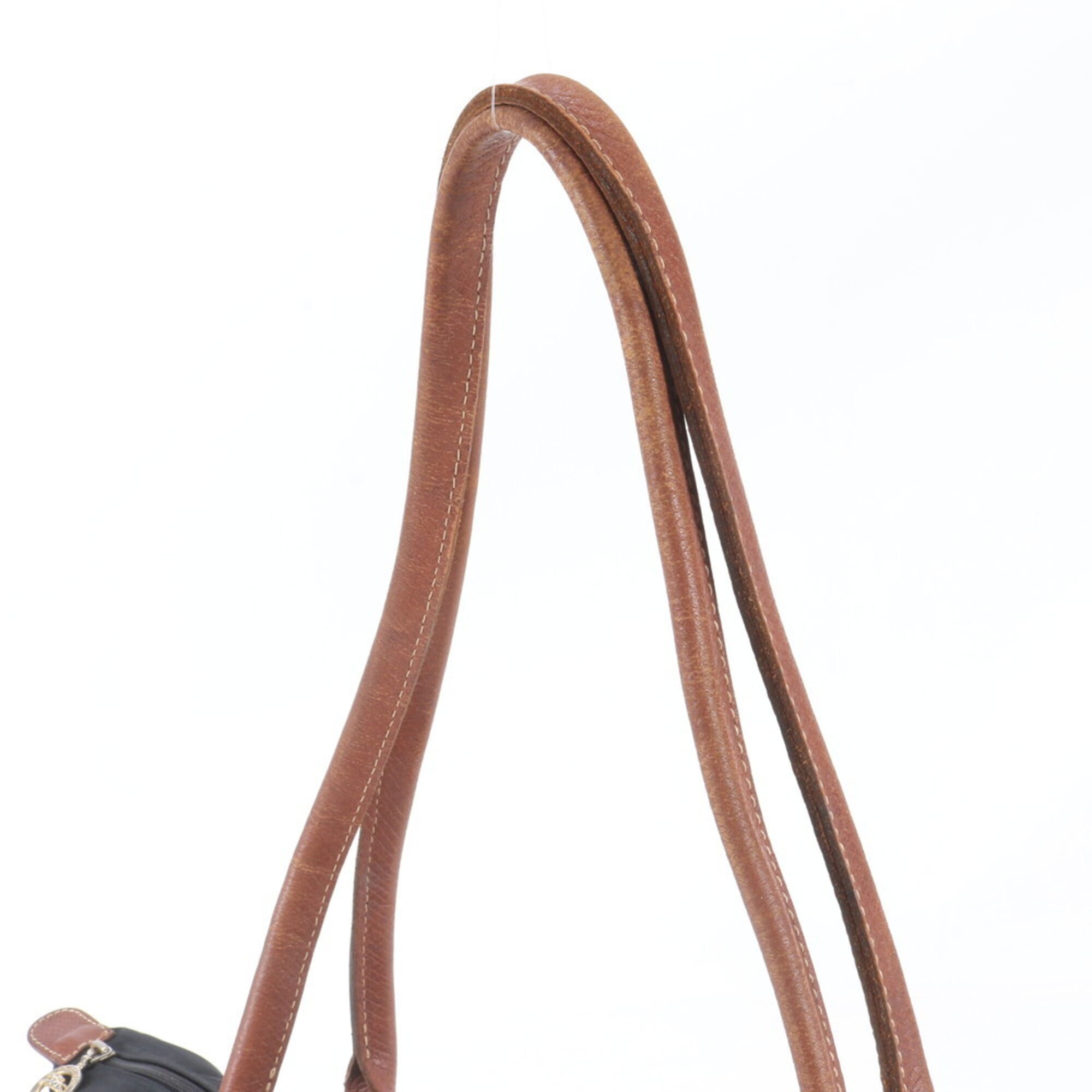 Longchamp Le Pliage Black Leather Nylon Shoulder Bag Tote Bag (Pre-Owned)