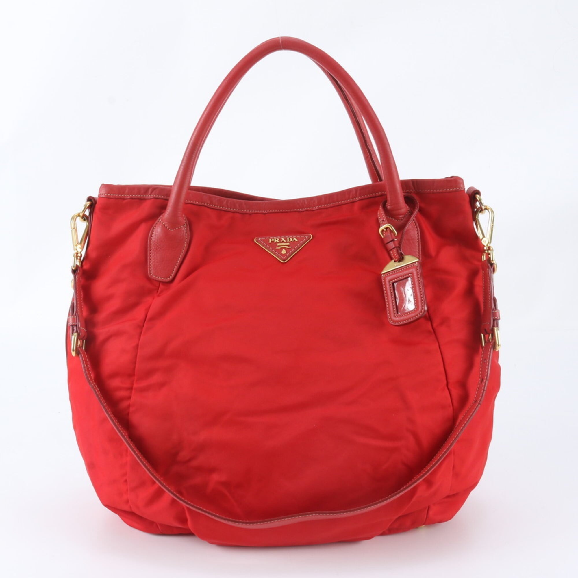 Prada Red Color Nylon Leather Shoulder Bag Tote Bag (Pre-Owned)