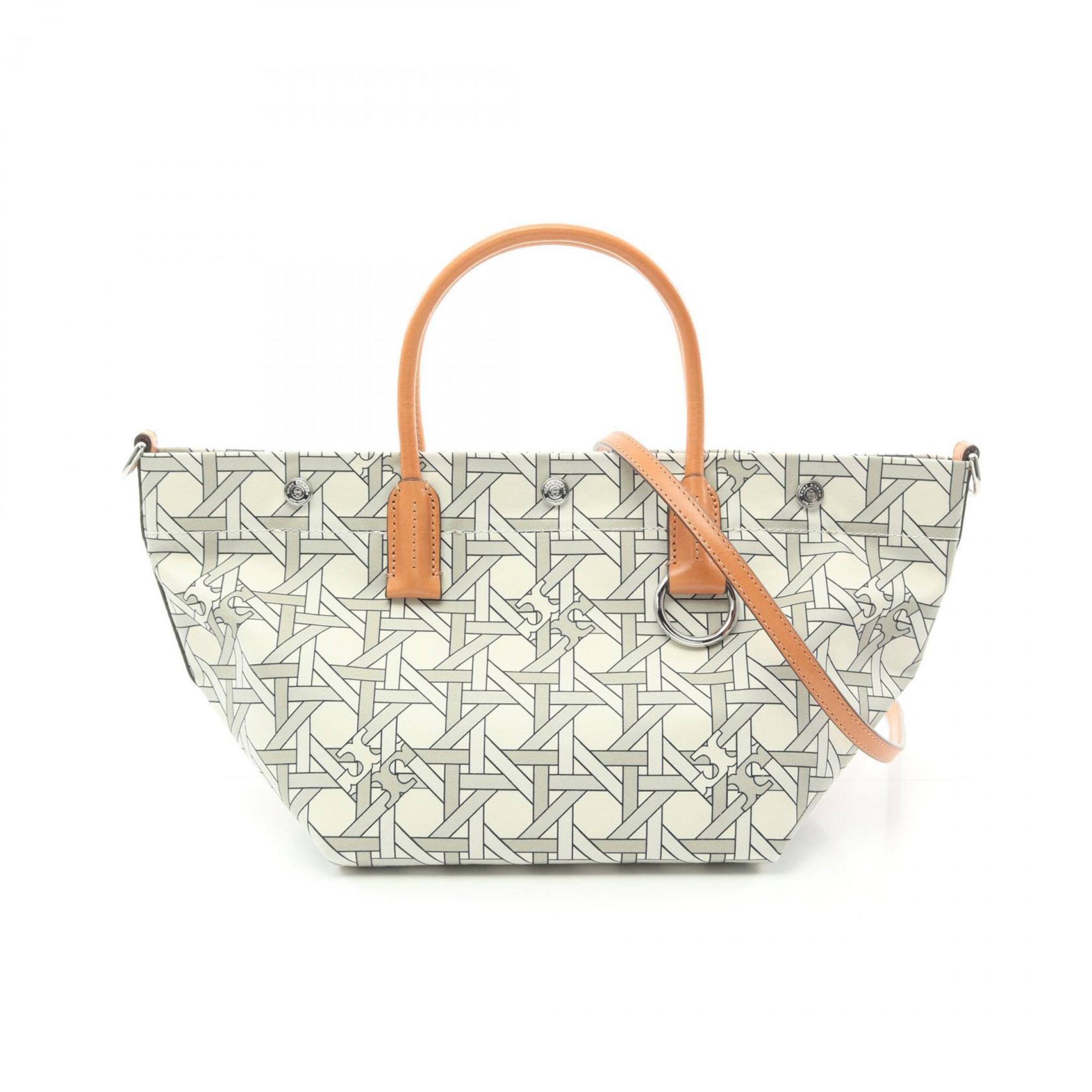 Tory Burch Beige Brown Multi-Color Canvas Leather Basket Tote Bag (Pre-Owned)