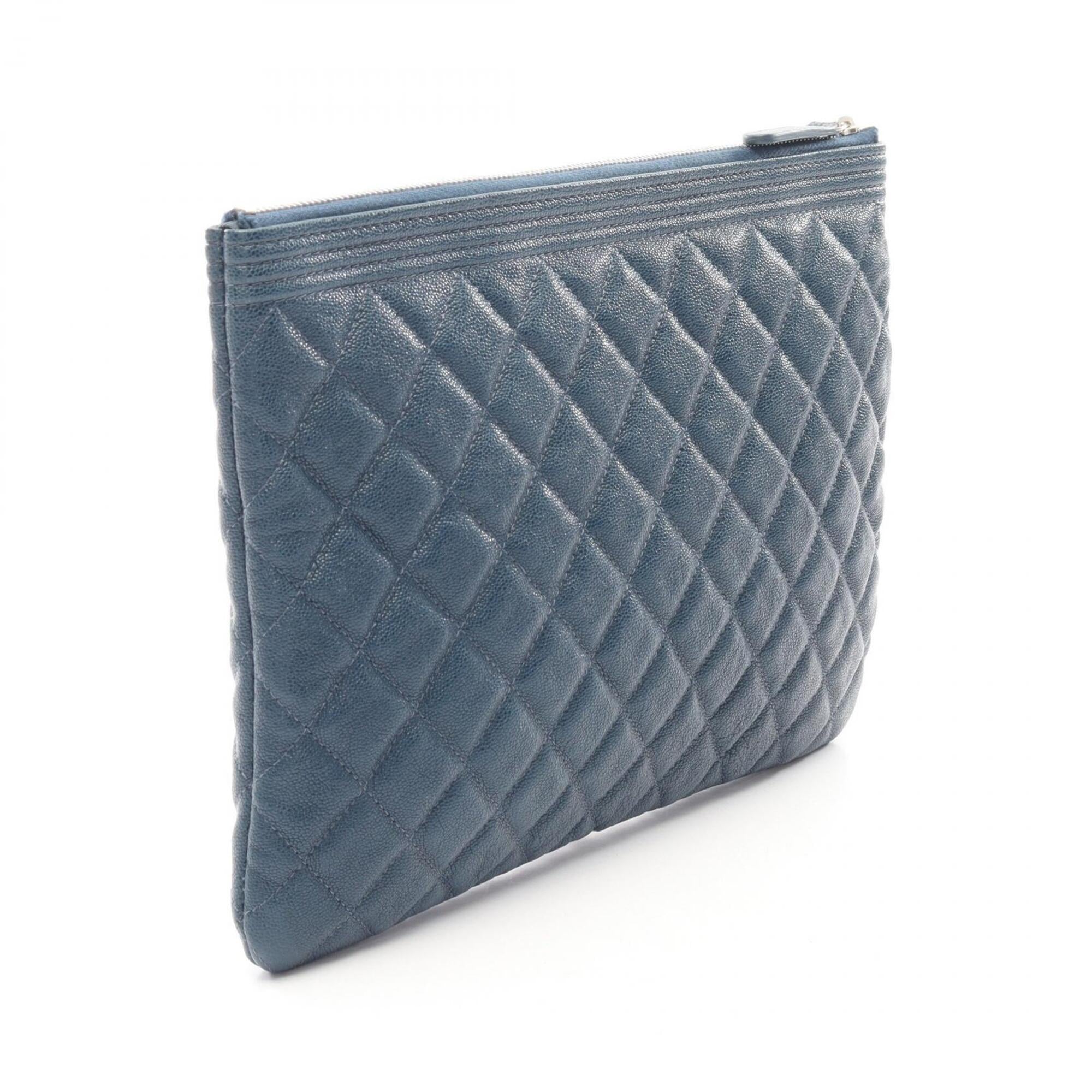 Chanel Navy Grained Calfskin Clutch Bag Handbag (Pre-Owned)