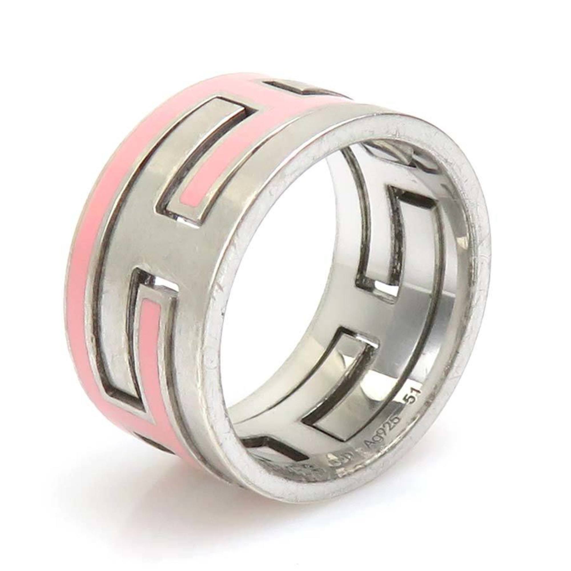 Hermes Silver Pink Enamel Silver 925 Band Ring (Pre-Owned)