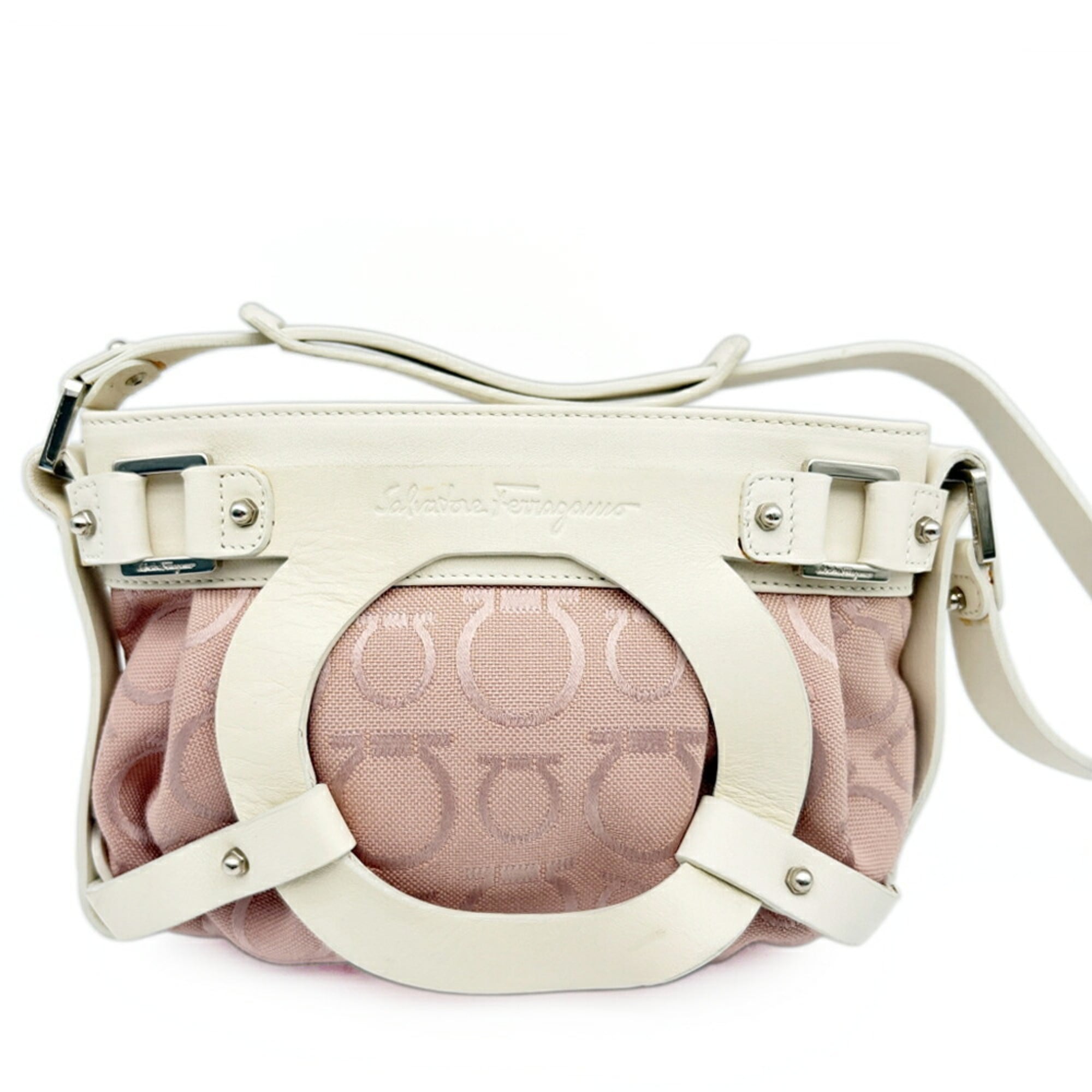 Salvatore Ferragamo Pink White Canvas Leather Shoulder Bag (Pre-Owned)