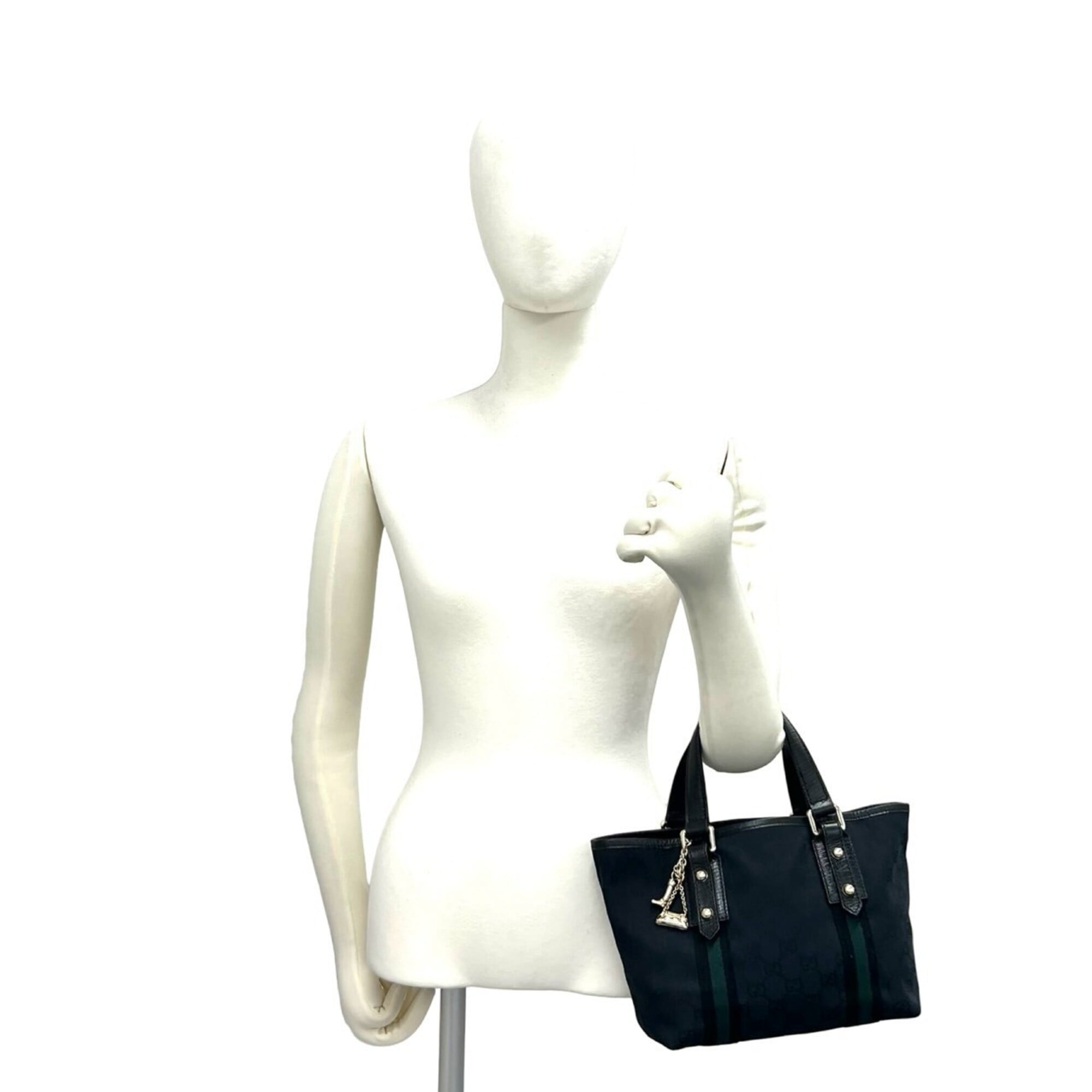 Gucci Black Navy Canvas Leather Boston Bag Handbag Tote Bag (Pre-Owned)