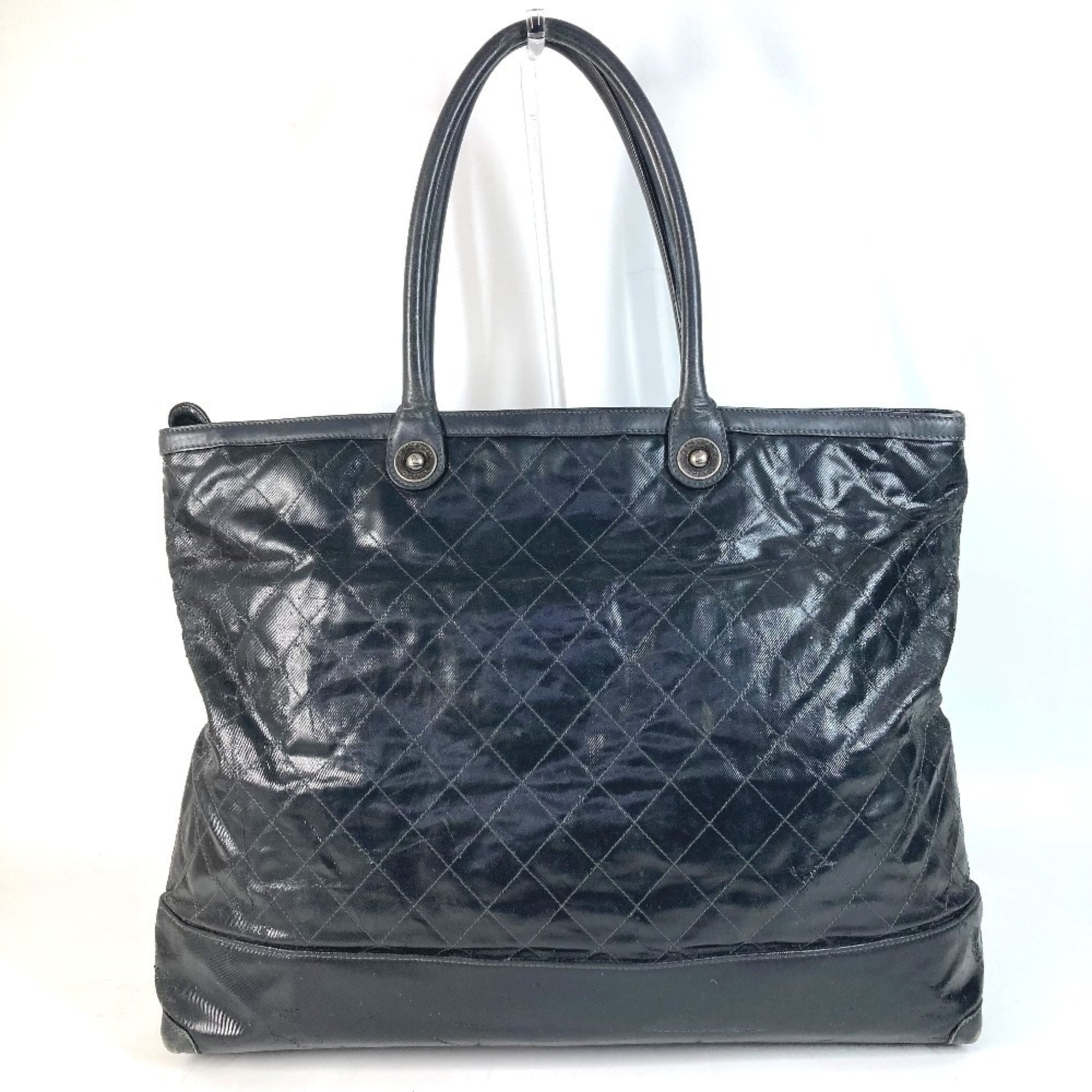 Chanel Matelasse Black Coated Canvas Leather Boston Bag Shoulder Bag Tote Bag (Pre-Owned)