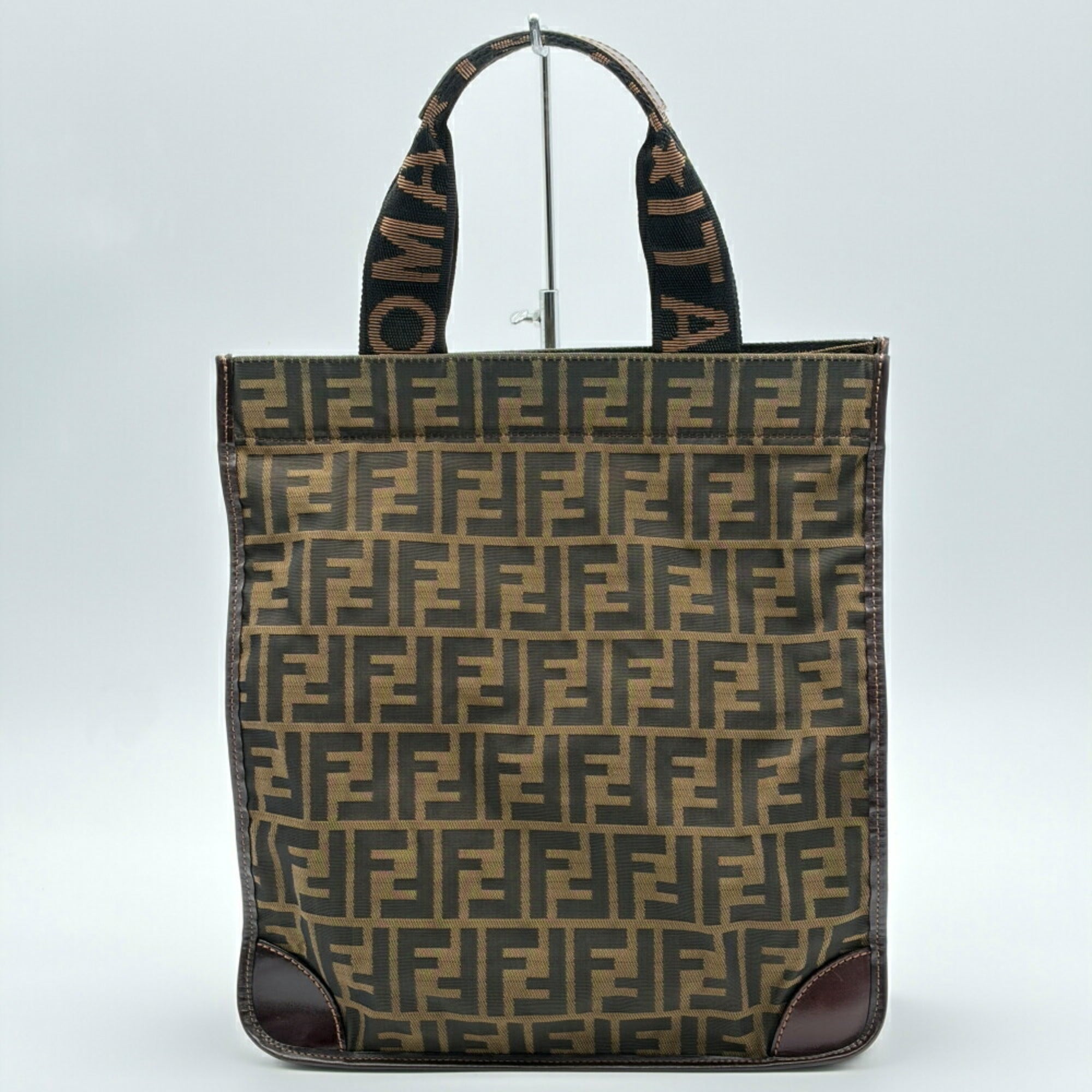 Fendi Zucchino Black Brown Dark Brown Zucchino Canvas Leather Tote Bag (Pre-Owned)