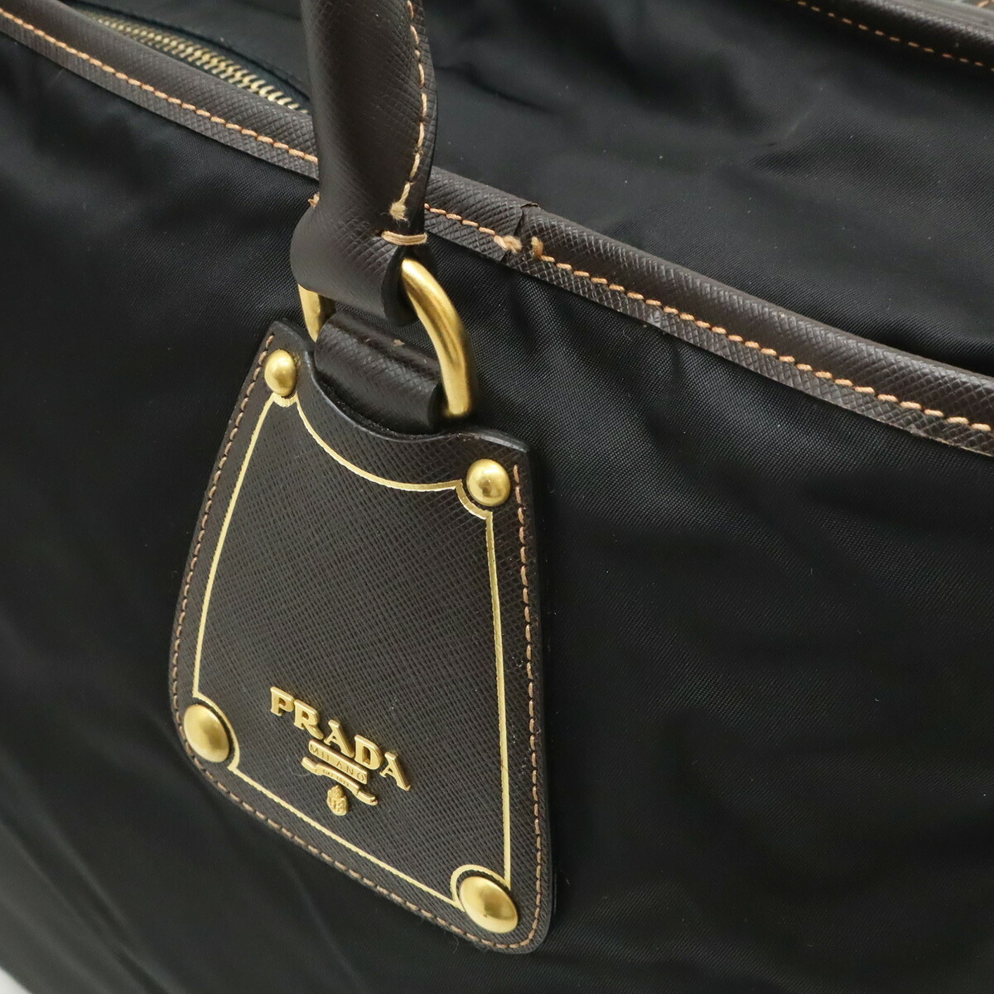 Prada Black Dark Brown Nero Nylon Leather Shoulder Bag Tote Bag (Pre-Owned)