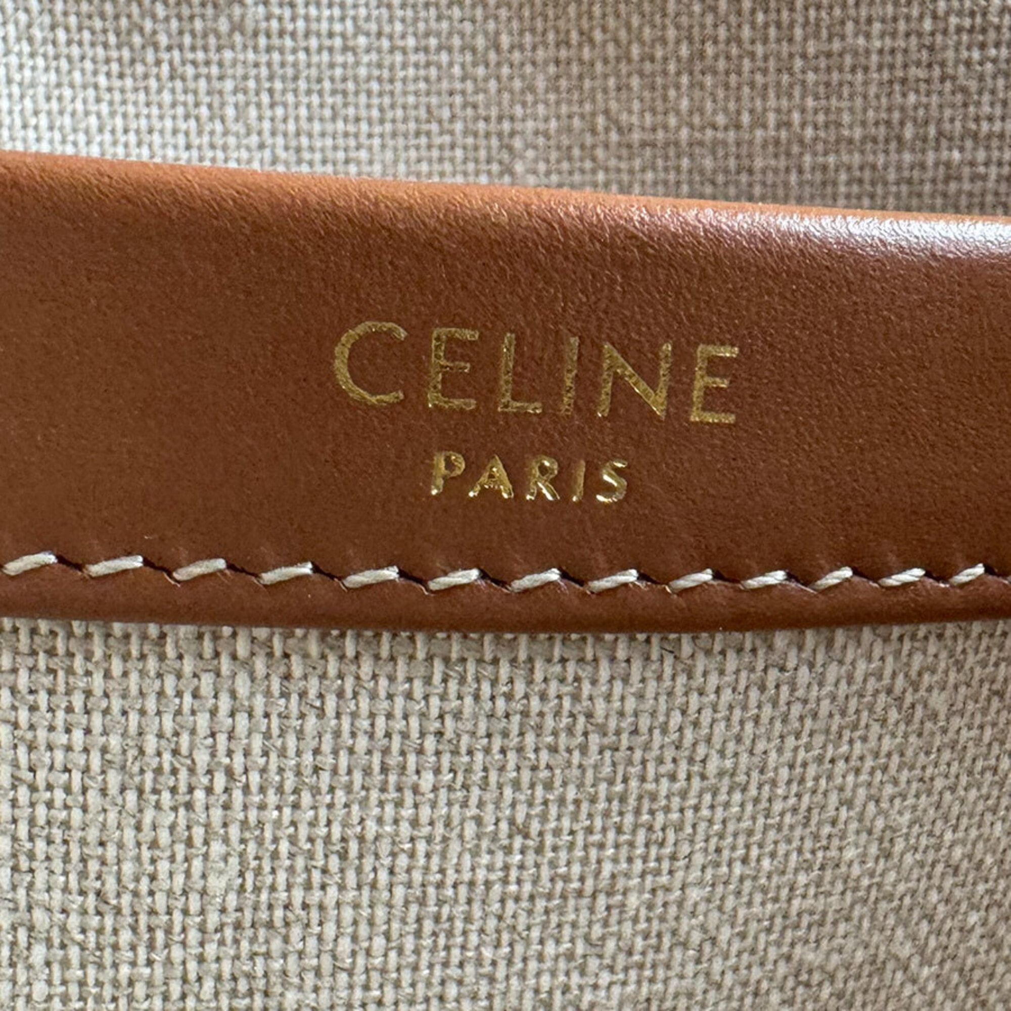 Celine Brown Red Color White Canvas Leather Handbag Shoulder Bag (Pre-Owned)