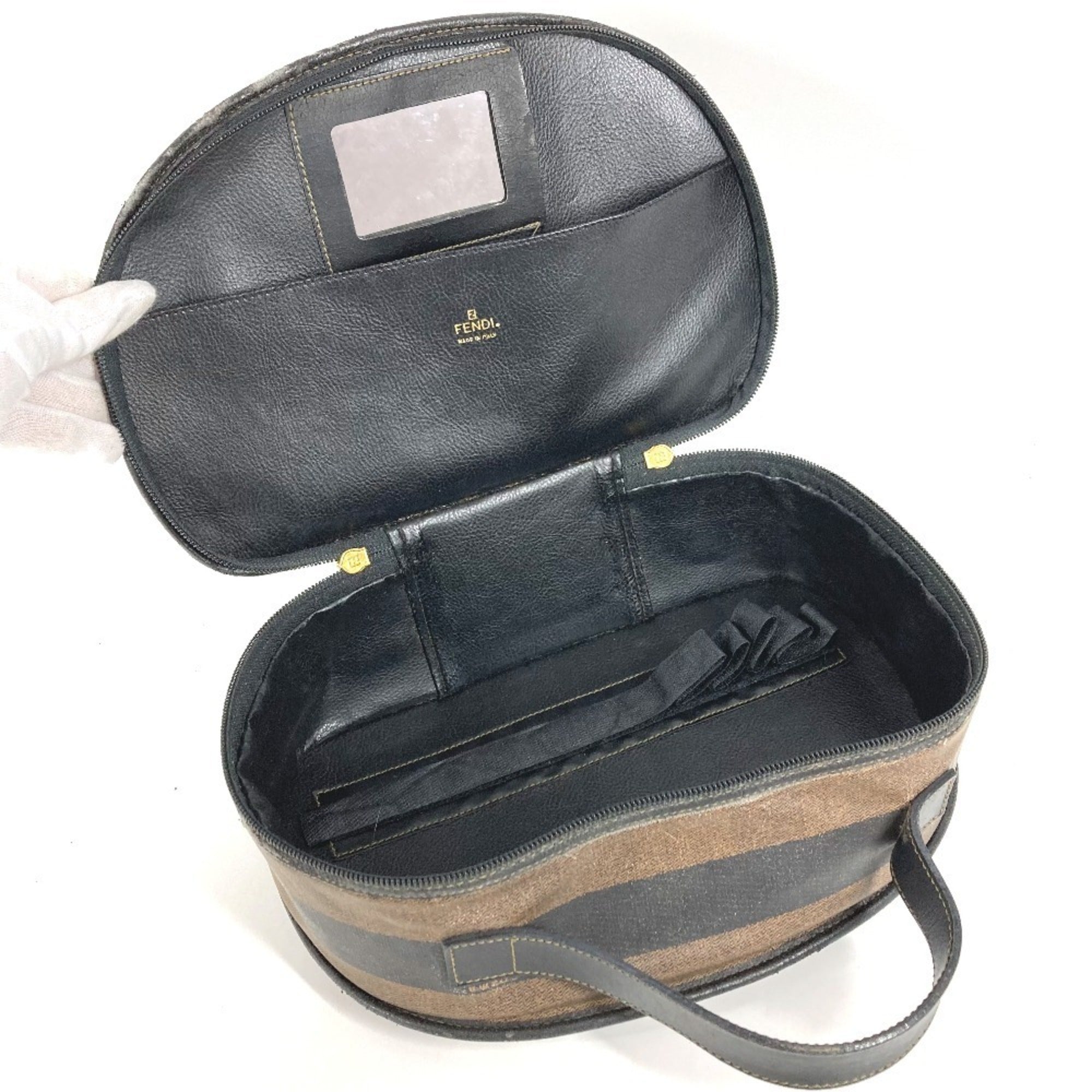 Fendi Pequin Black Khaki Pvc Leather Handbag Vanity Bag (Pre-Owned)