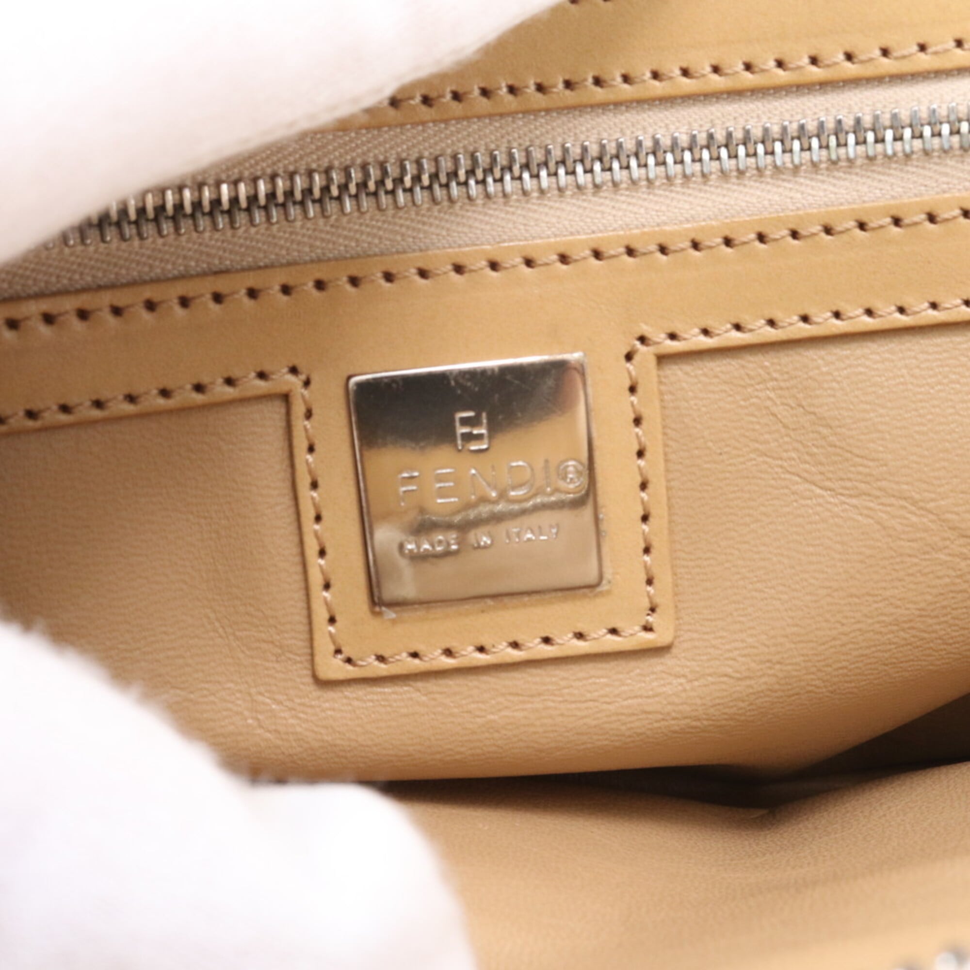 Fendi Zucca Beige Leather Canvas Handbag Shoulder Bag (Pre-Owned)