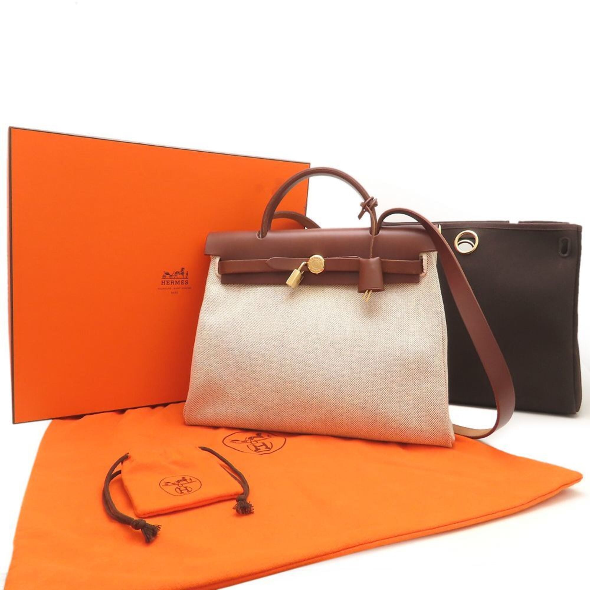 Hermes Her Bag Beige Brown Toile Officier Leather Shoulder Bag (Pre-Owned)
