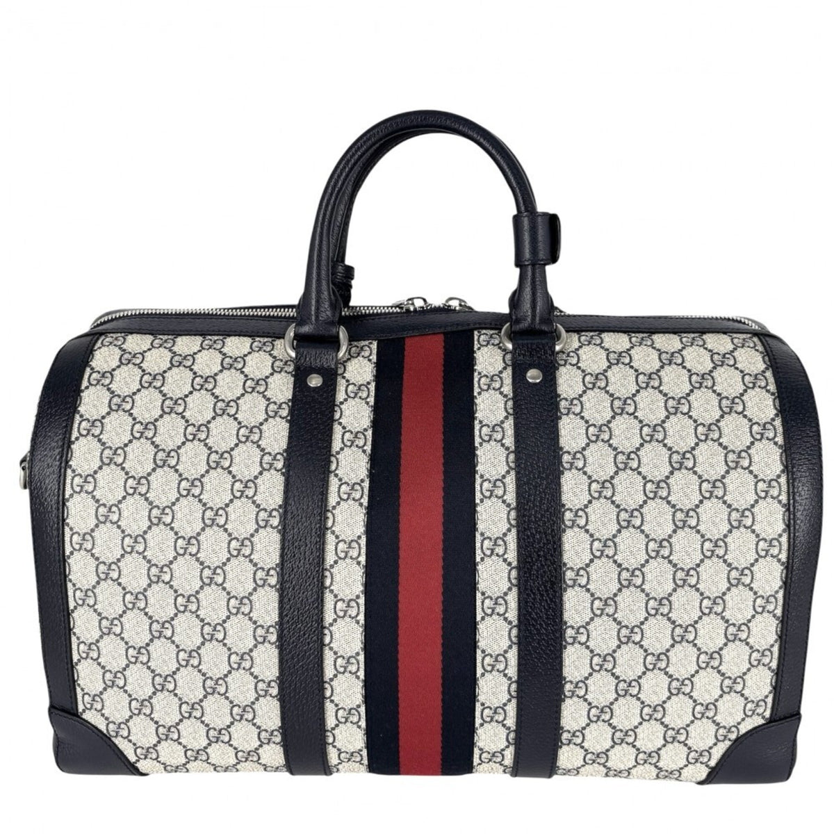 Gucci Beige Navy Gg Supreme Leather Boston Bag Handbag Shoulder Bag (Pre-Owned)