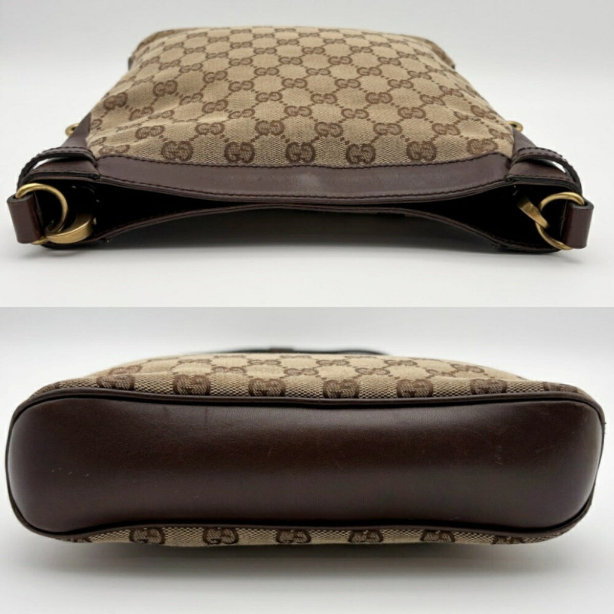 Gucci Gg Canvas Beige Dark Brown Gg Canvas Leather Shoulder Bag (Pre-Owned)