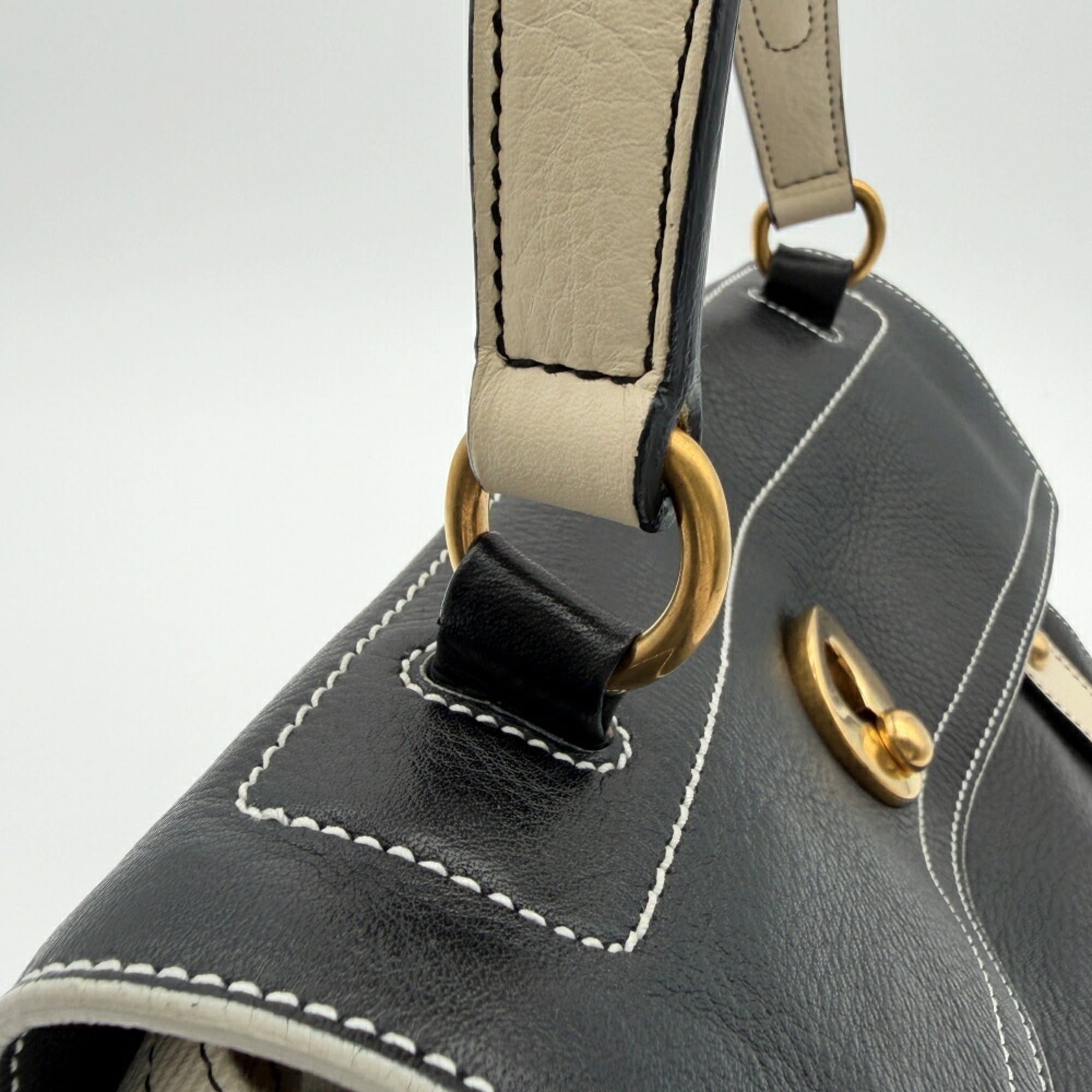 Yves Saint Laurent Black White Leather Canvas Handbag (Pre-Owned)