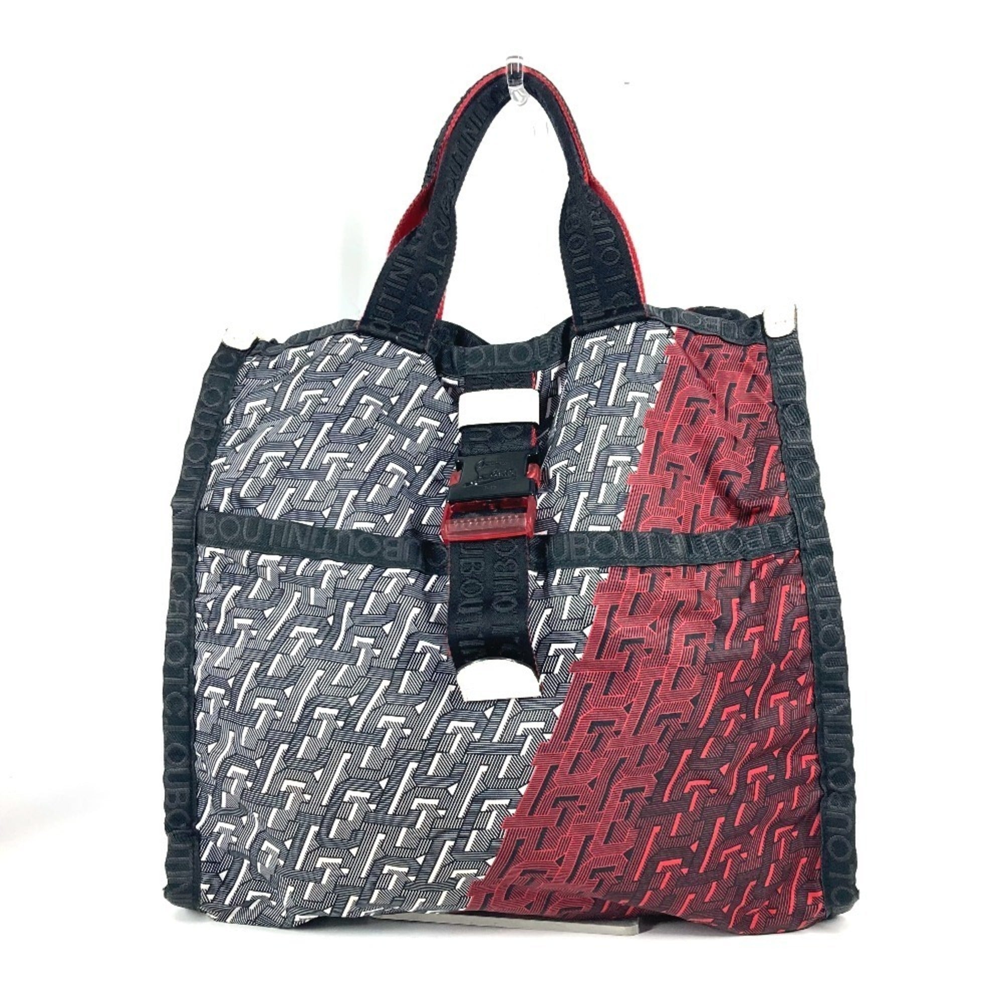 Christian Louboutin Black Red Color White Nylon Handbag Shoulder Bag Tote Bag (Pre-Owned)