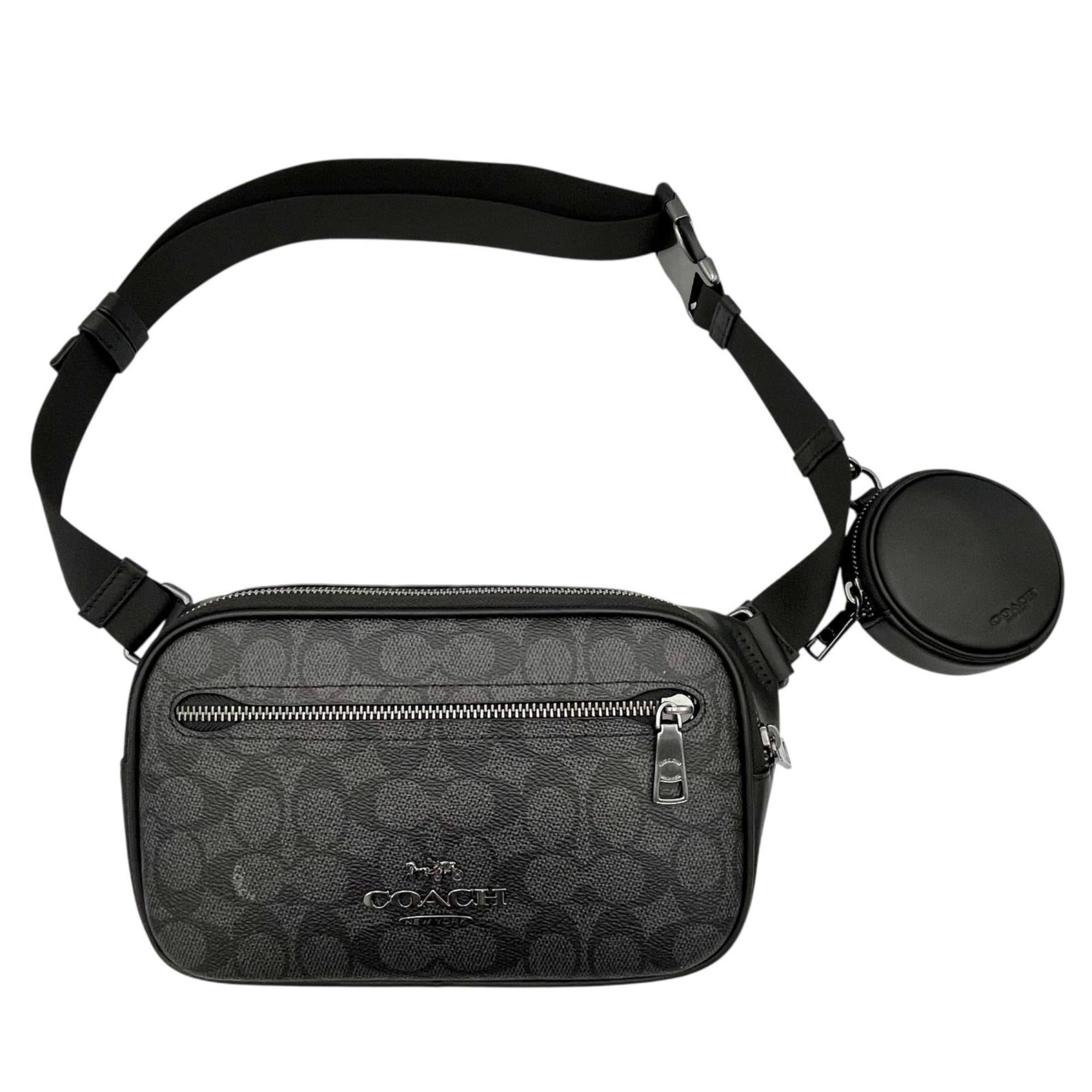 Coach Black Signature Line Leather Pouch Sling Bag (Pre-Owned)