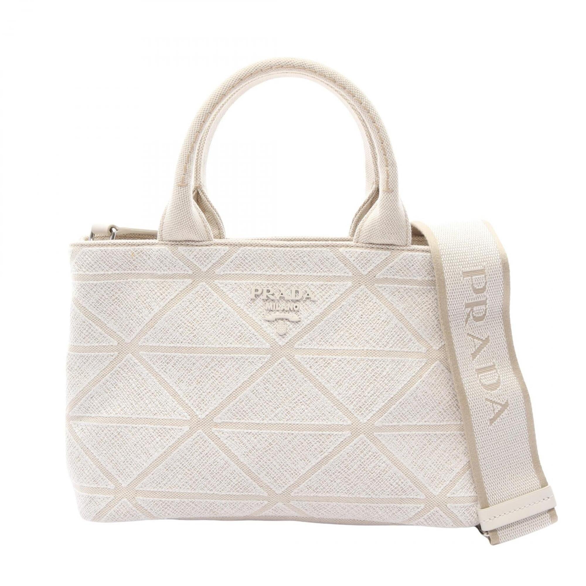 Prada Beige White Canapa Handbag Tote Bag (Pre-Owned)