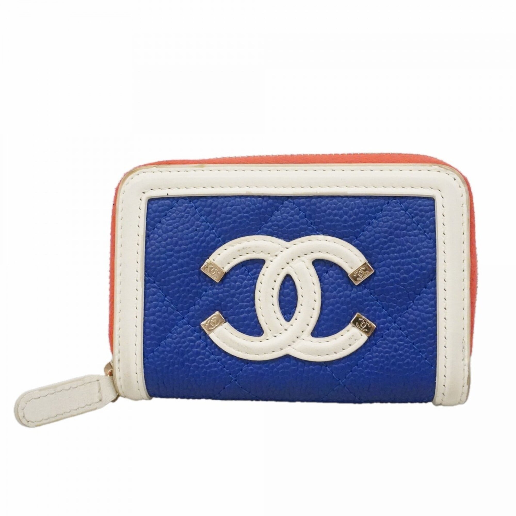 Chanel Blue Red Color White Grained Calfskin Coin Purse/Coin Case (Pre-Owned)