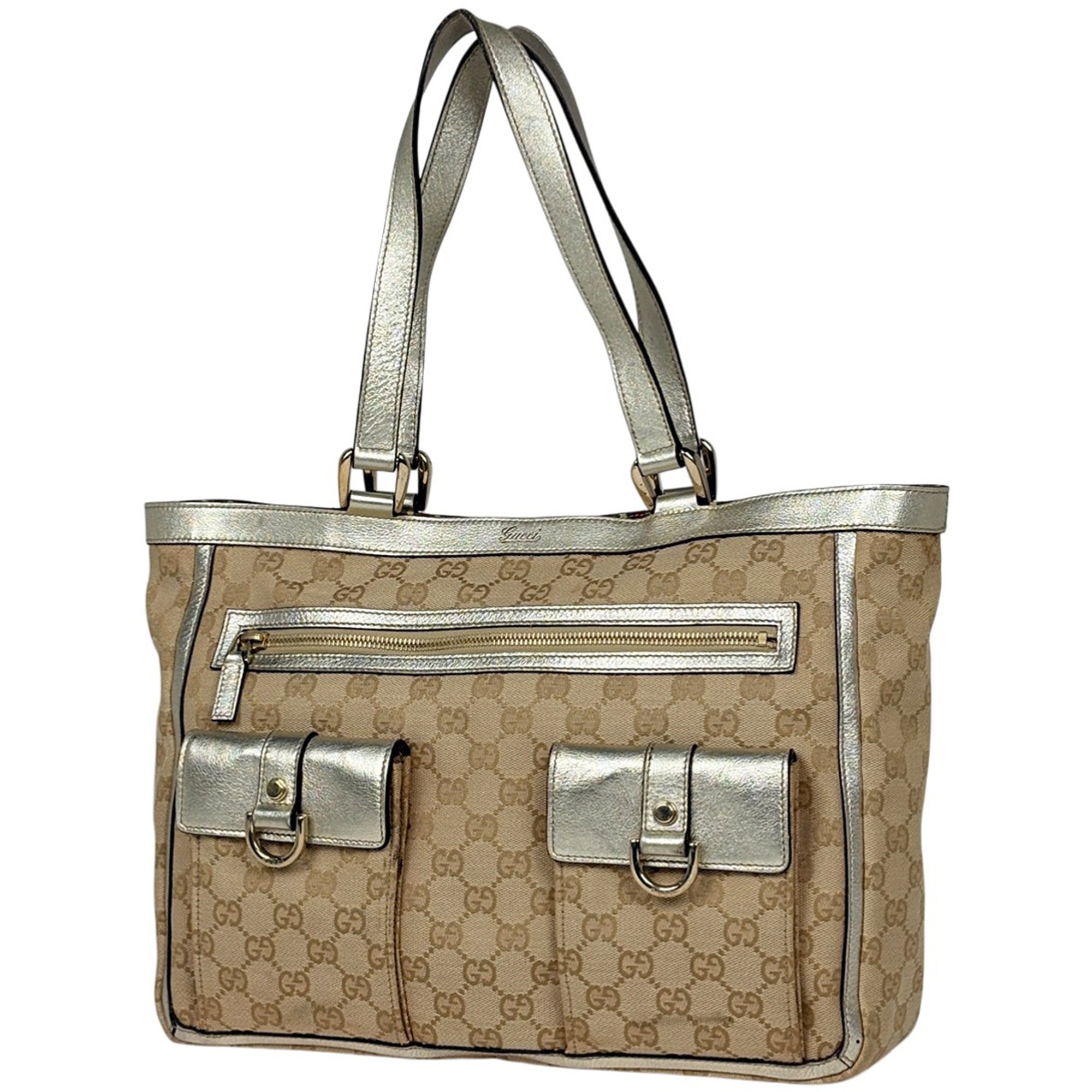 Gucci Gg Canvas Beige Gold Gg Canvas Leather Handbag Tote Bag (Pre-Owned)