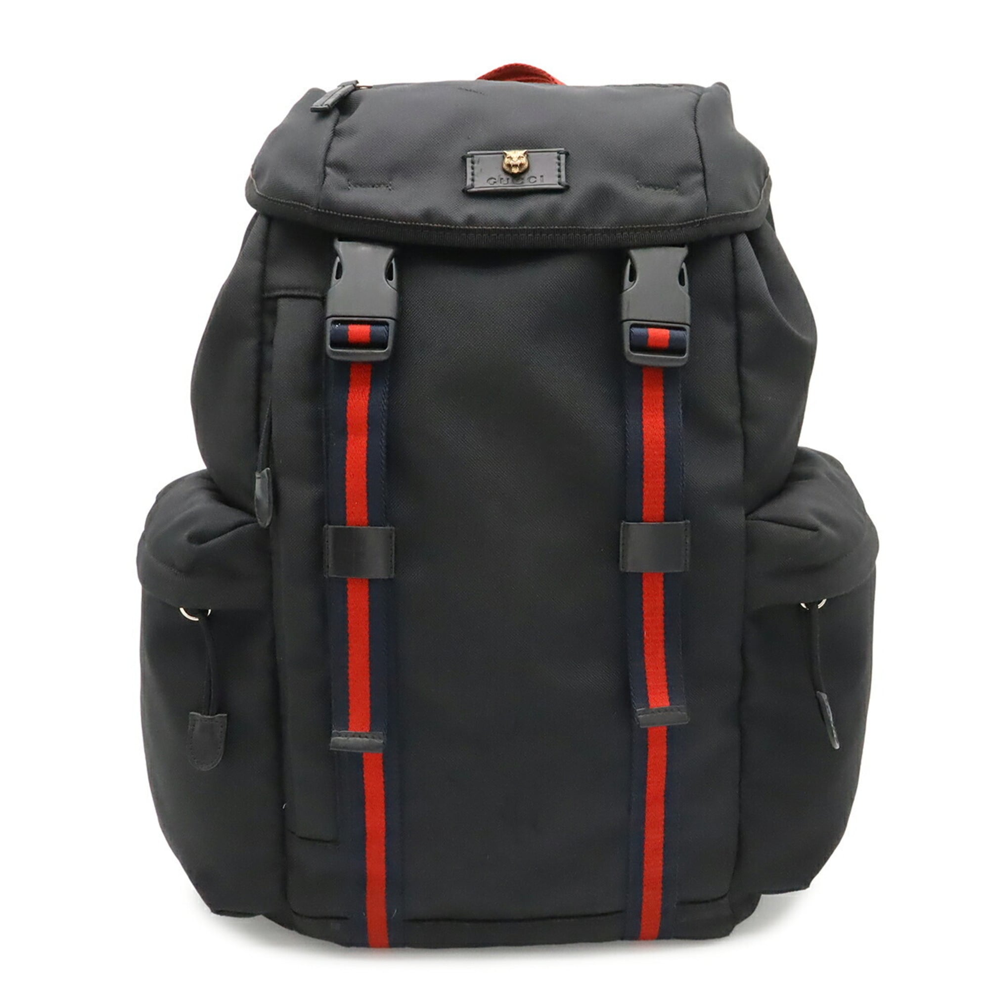 Gucci Black Green Navy Red Color Canvas Leather Backpack (Pre-Owned)