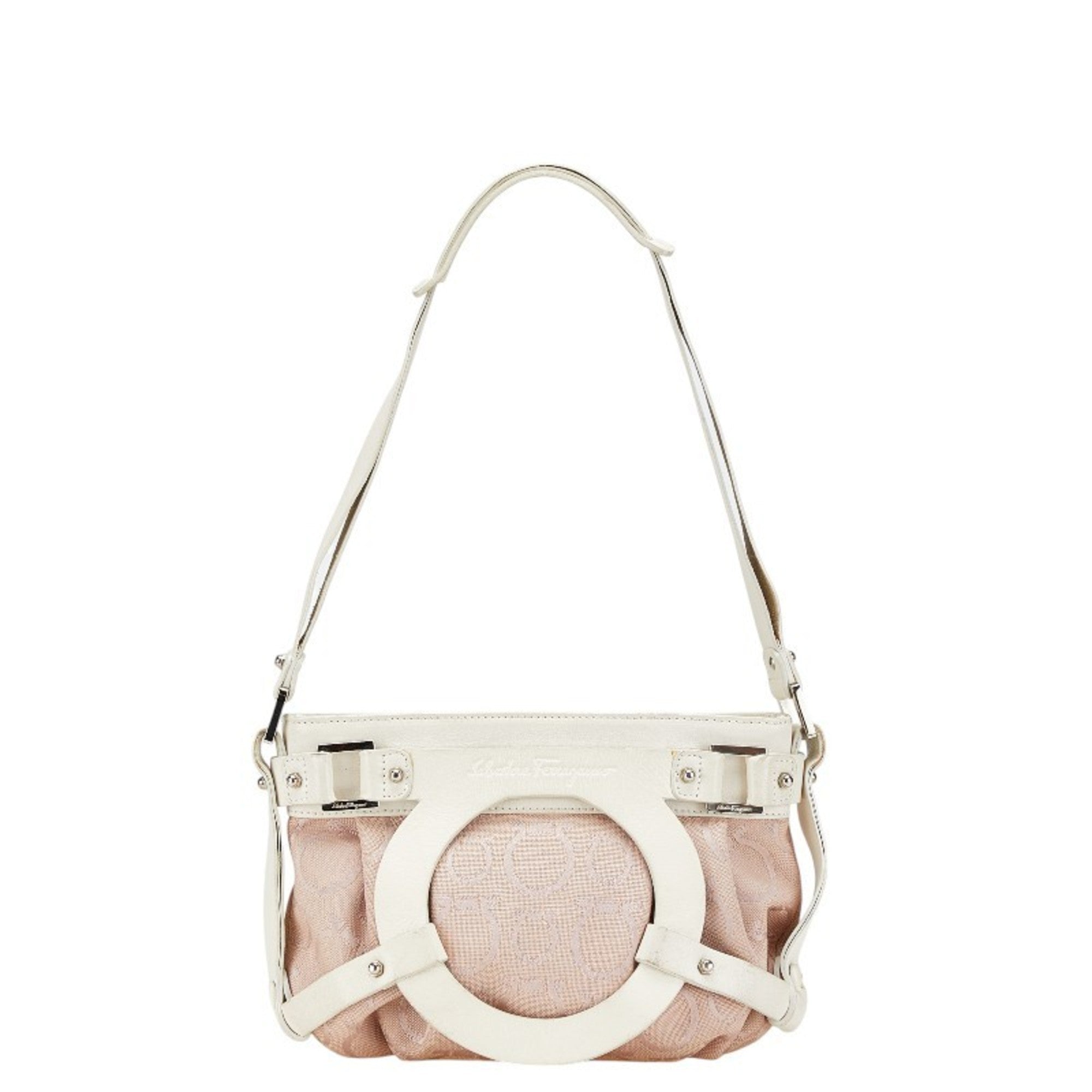 Salvatore Ferragamo Pink White Canvas Leather Shoulder Bag (Pre-Owned)