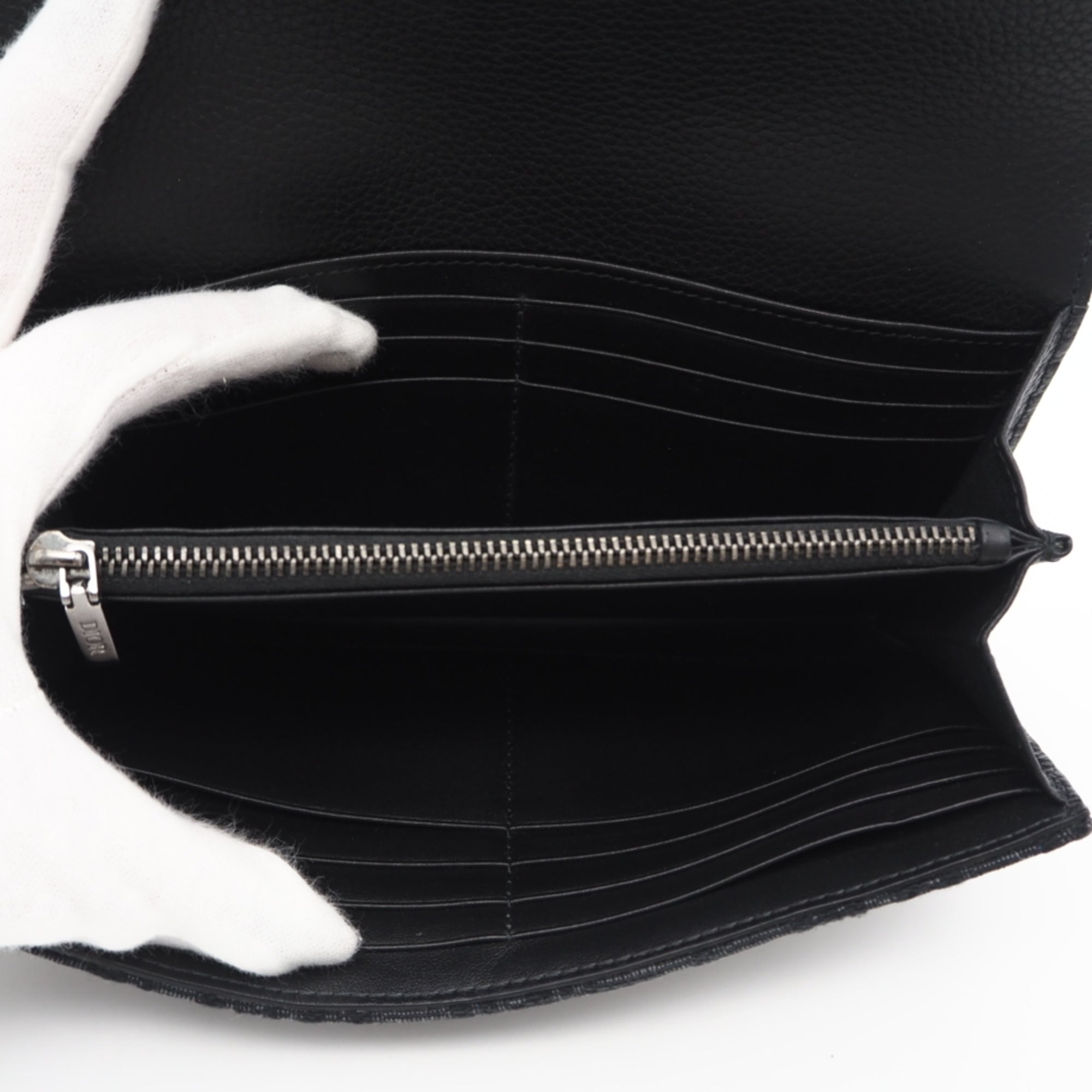 Christian Dior Black Gray Leather Canvas Long Wallet (Bi-Fold) (Pre-Owned)