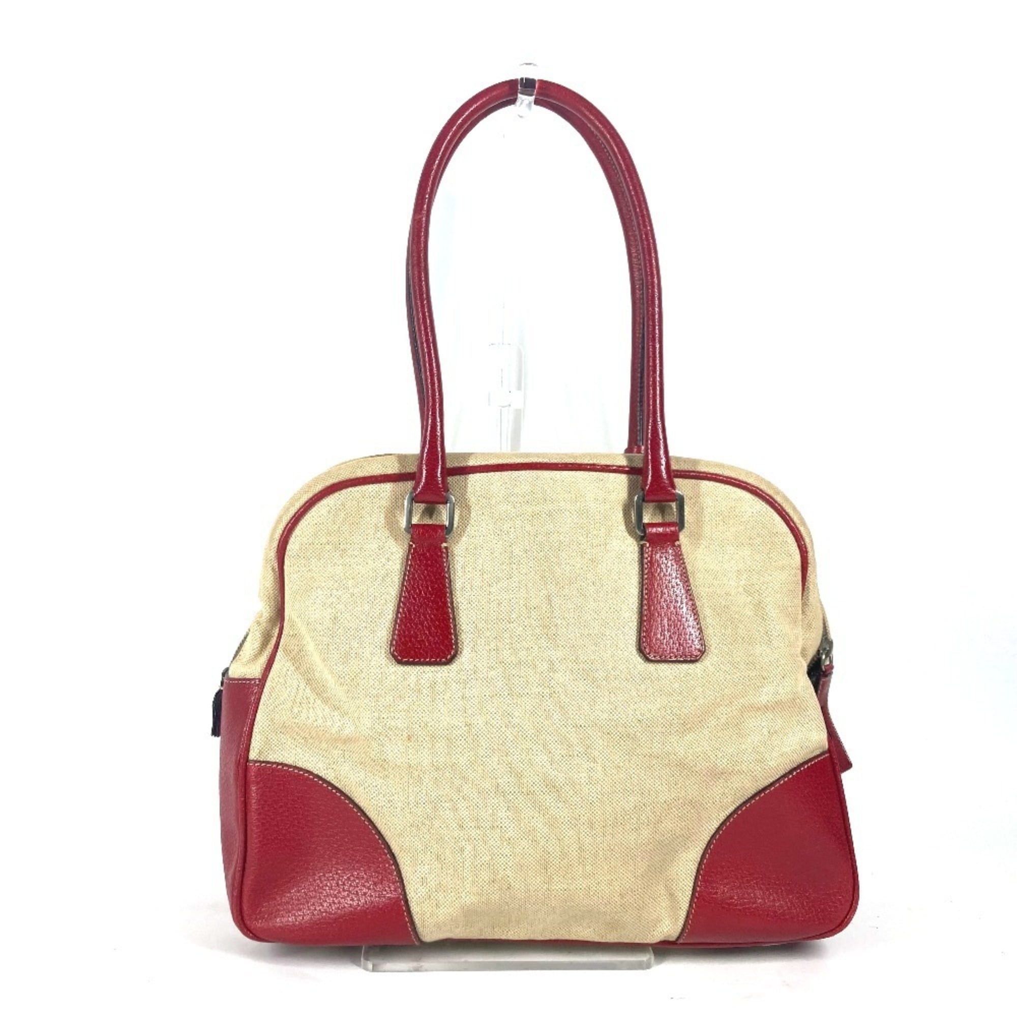 Prada Beige Red Color Leather Canvas Boston Bag Shoulder Bag (Pre-Owned)