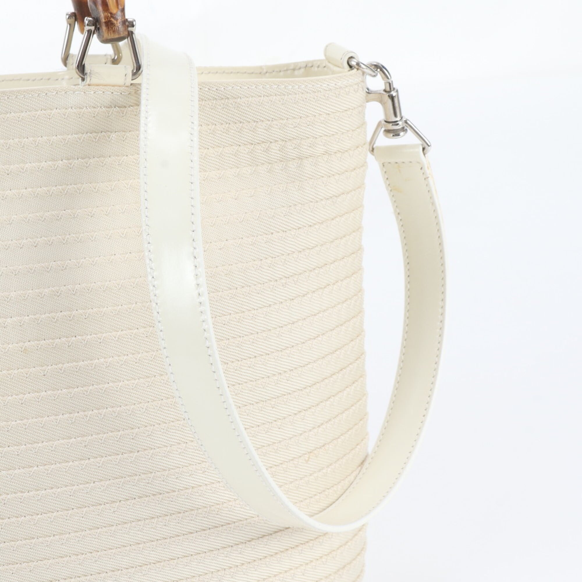 Gucci White Leather Canvas Handbag Shoulder Bag Tote Bag (Pre-Owned)