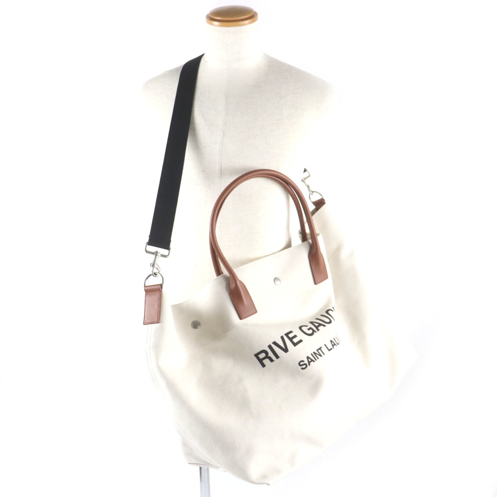 Saint Laurent Beige Brown Canvas Leather Shopping Bag Tote Bag (Pre-Owned)