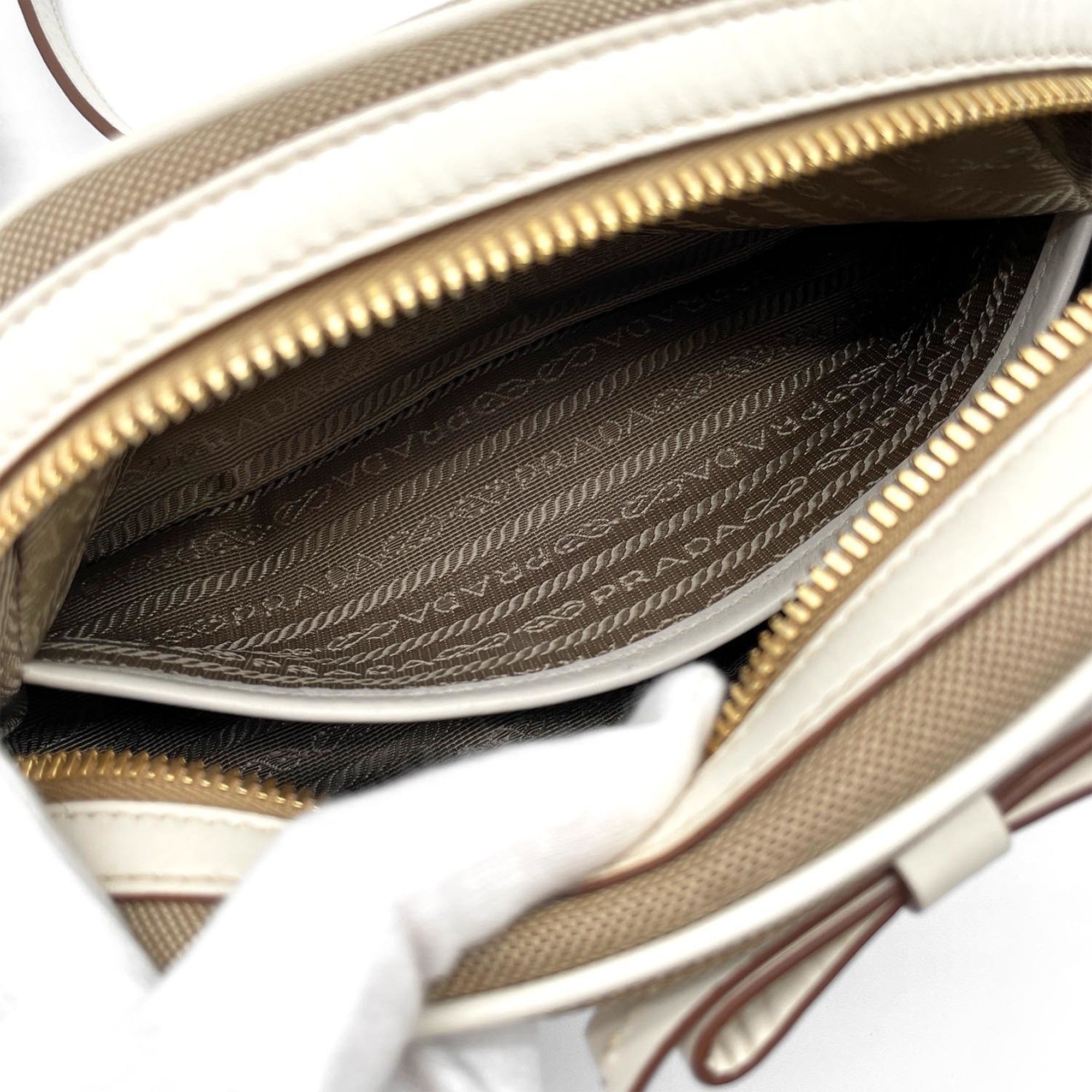 Prada Brown White Canvas Leather Shoulder Bag (Pre-Owned)