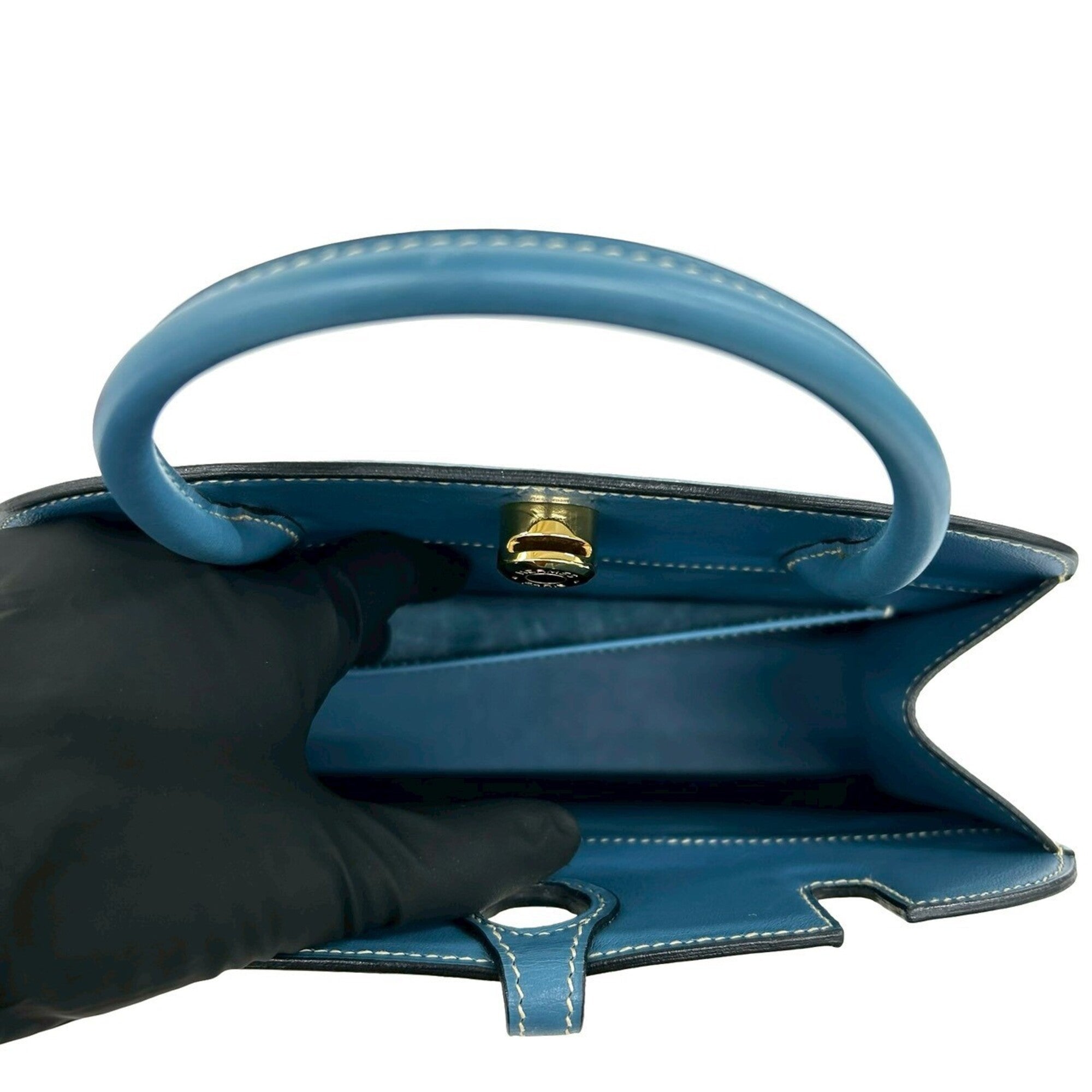 Hermes Beige Blue Leather Handbag Tote Bag (Pre-Owned)