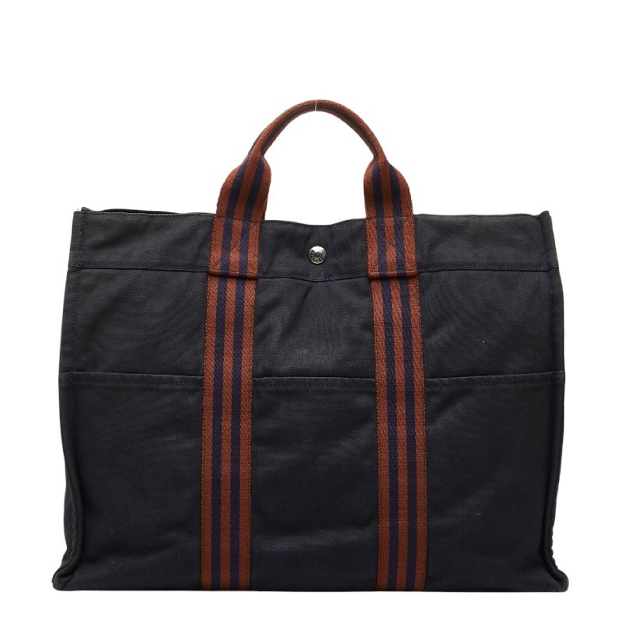 Hermes Brown Navy Canvas Handbag Tote Bag (Pre-Owned)