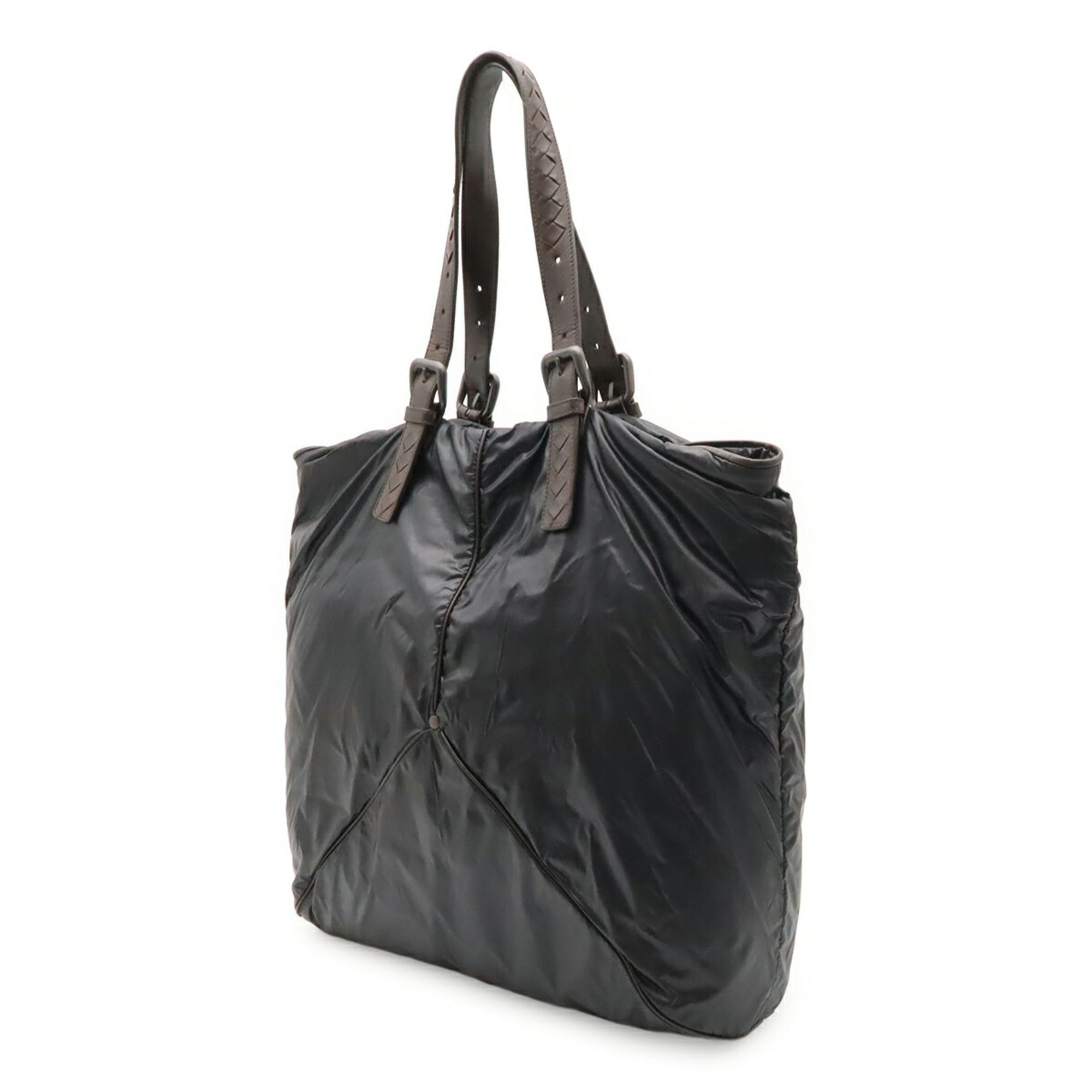 Bottega Veneta Black Dark Brown Nylon Leather Shoulder Bag Tote Bag (Pre-Owned)