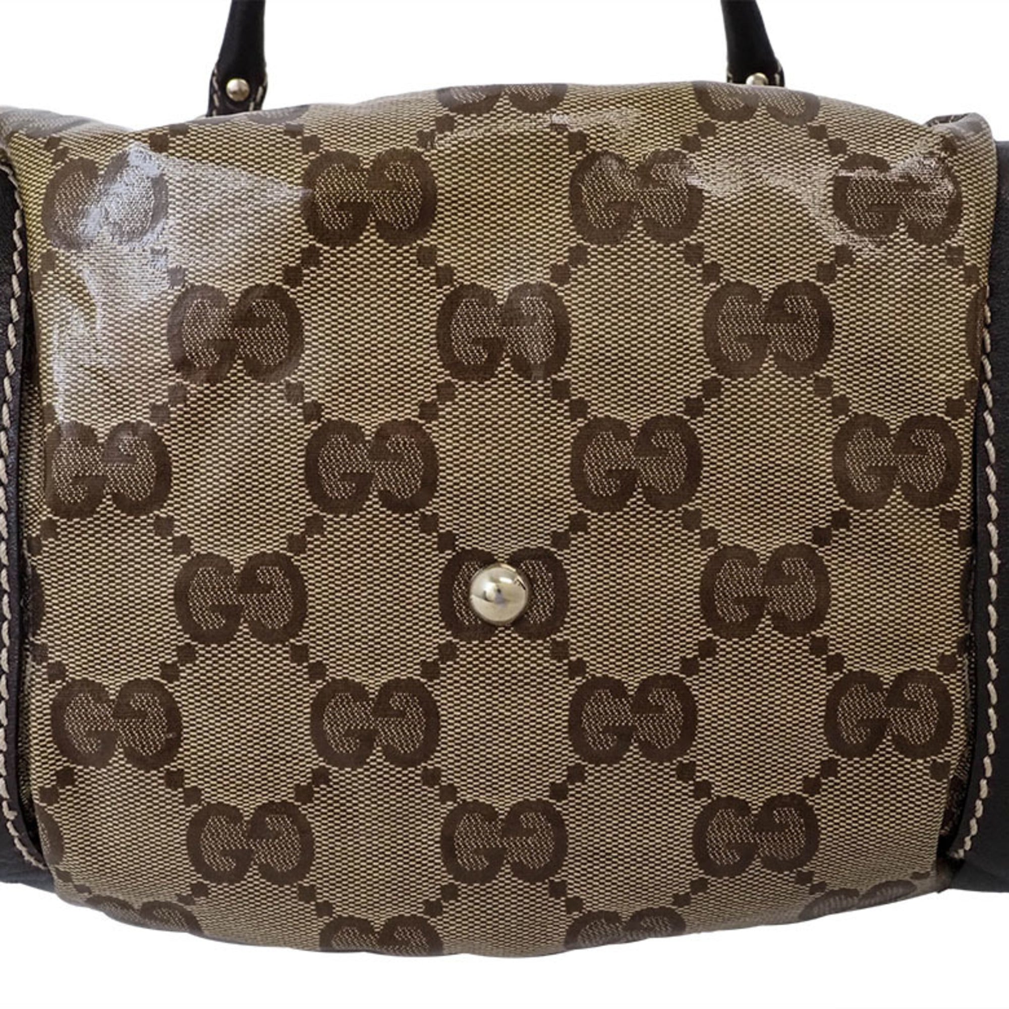 Gucci Gg Crystal Beige Dark Brown Pvc Leather Boston Bag Handbag (Pre-Owned)