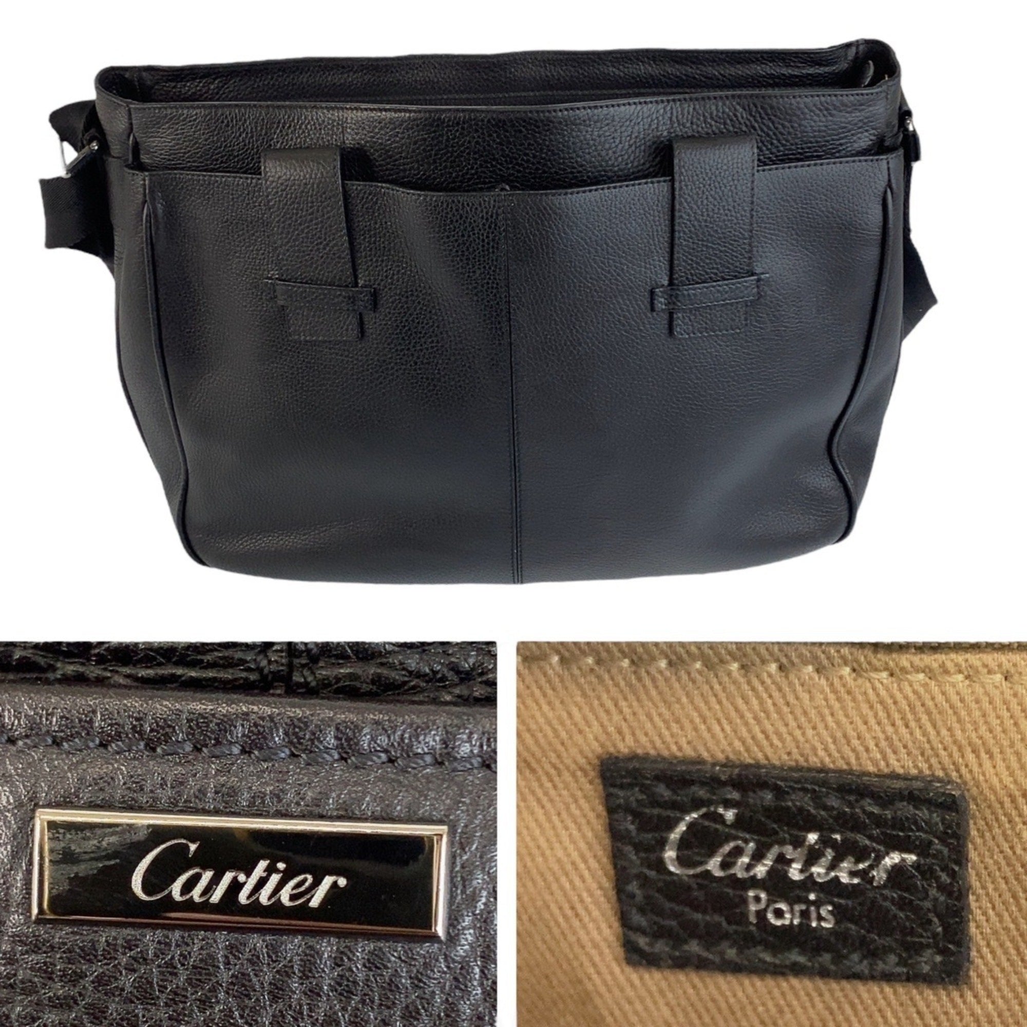 Cartier Dark Brown Leather Messenger Bag Shoulder Bag (Pre-Owned)