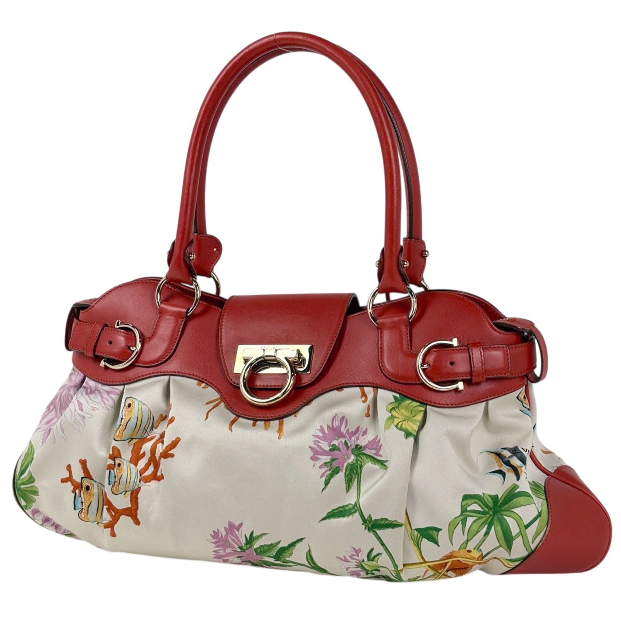 Salvatore Ferragamo Red Color White Canvas Leather Shoulder Bag (Pre-Owned)